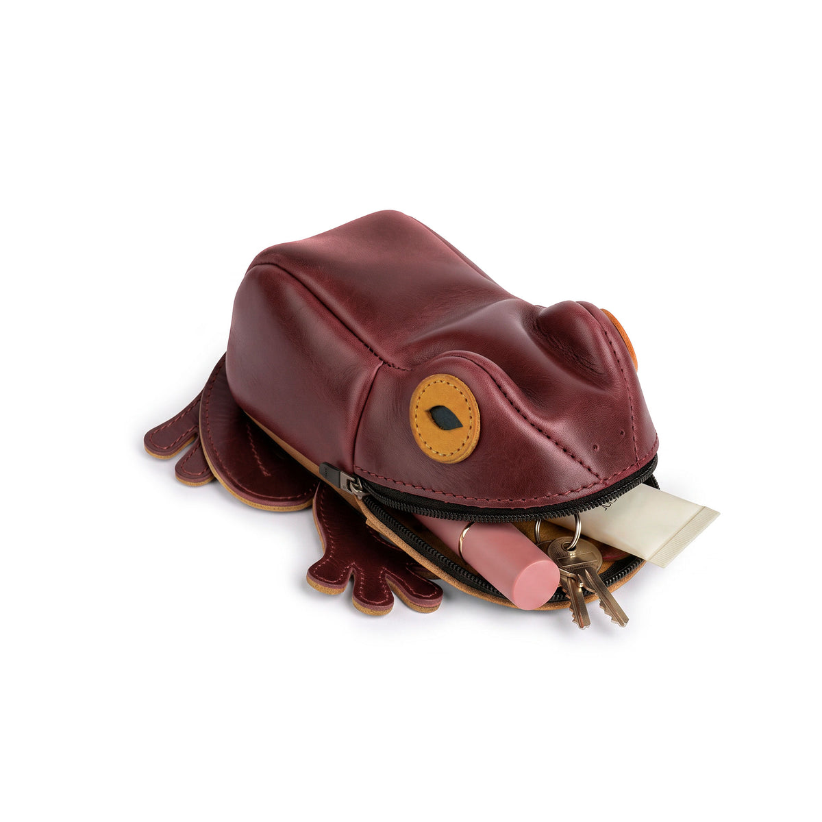 Tudi Frudi Frog Pouch shown partially open with space for makeup and small essentials, serving as a Frog-Shaped Pouch, Cable Organizer, Small Accessory Case, Zippered Cash Holder Wallet for Coins, and Change Purse. Crafted from Full Grain Leather for Pouches for Men and Women, with StockyardX Small Batch Production, Hand Cut, Hand Sewn, Fire Branded, Artisan craftsmanship, Handmade in La Antigua Guatemala & Oaxaca Mexico.