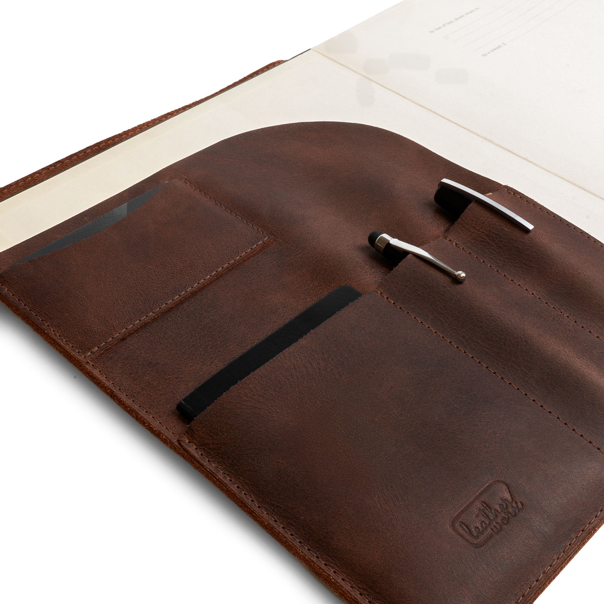 Close-up of the Leather Worx Portfolio Moleskine Cover (8.5 x 11 in.) highlighting pockets for pens and small documents, made with Full Grain Leather. An ideal choice as a Moleskine Cover (8.5 x 11 in.) Executive Portfolio for Business or Personal Planner for Men & Women, handmade in La Antigua Guatemala & Oaxaca Mexico.