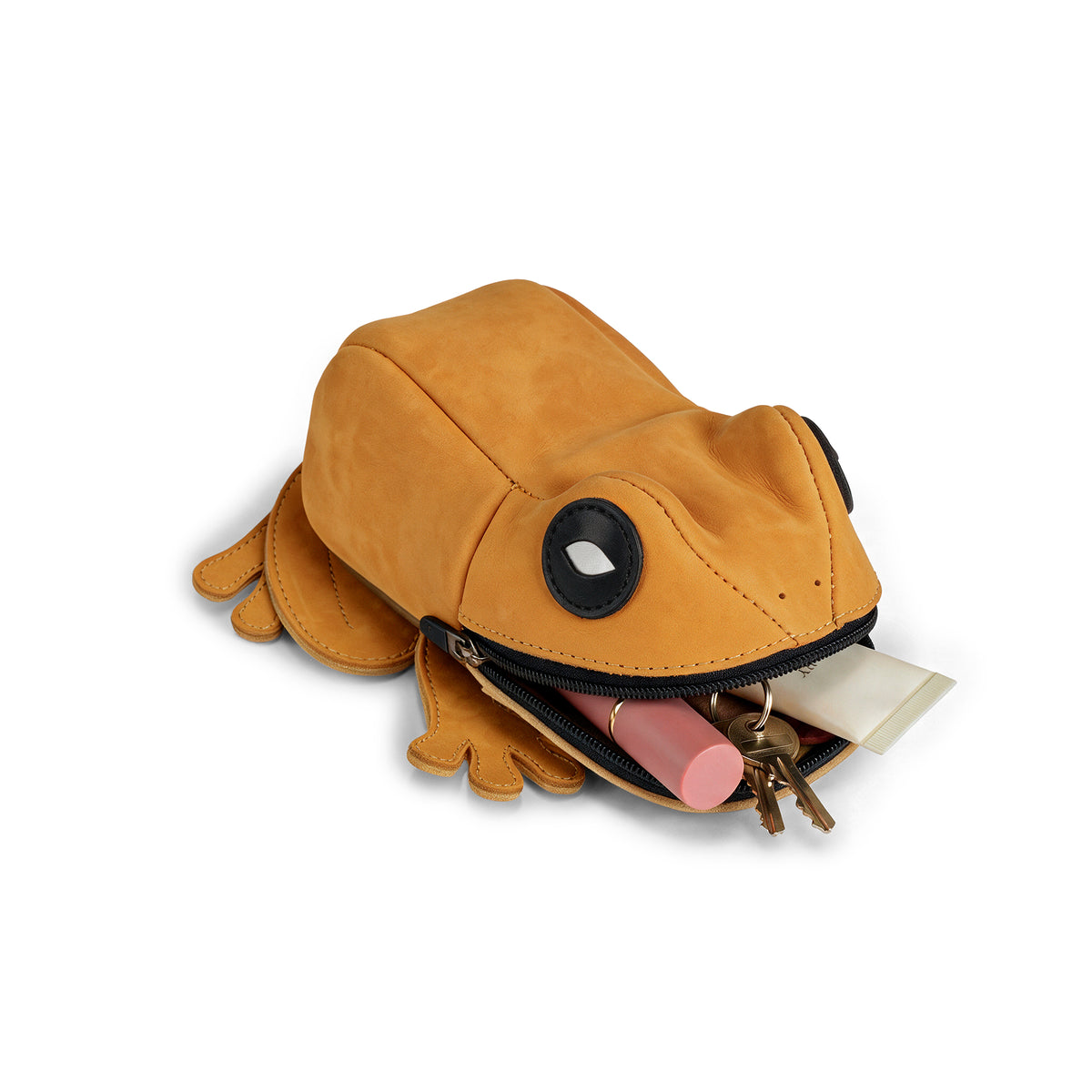 Open Tudi Frudi Frog Pouch displaying coins, keys, and cosmetics inside its frog-shaped zippered compartment, making it a Frog-Shaped Pouch, Cable Organizer, Small Accessory Case, Zippered Cash Holder Wallet for Coins, and Change Purse for Pouches for Men and Women. This Full Grain Leather design is created through StockyardX Small Batch Production and is Hand Cut, Hand Sewn, Fire Branded, Artisan, and Handmade in La Antigua Guatemala & Oaxaca Mexico.