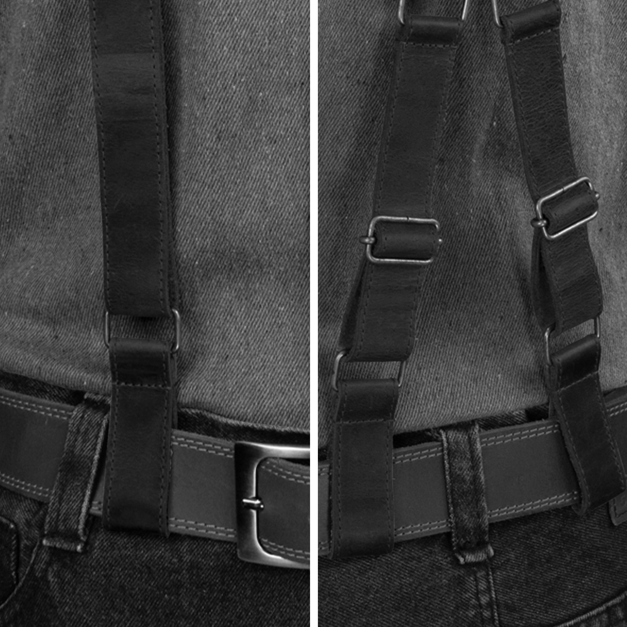 Close-up details of Hide & Groom's X Back Formal Suspenders in black leather, emphasizing their craftsmanship and quality. Designed for weddings, these suspenders deliver excellent shoulder support. Each piece is handmade through small batch production, featuring hand cutting and sewing to meet artisan standards in La Antigua Guatemala.