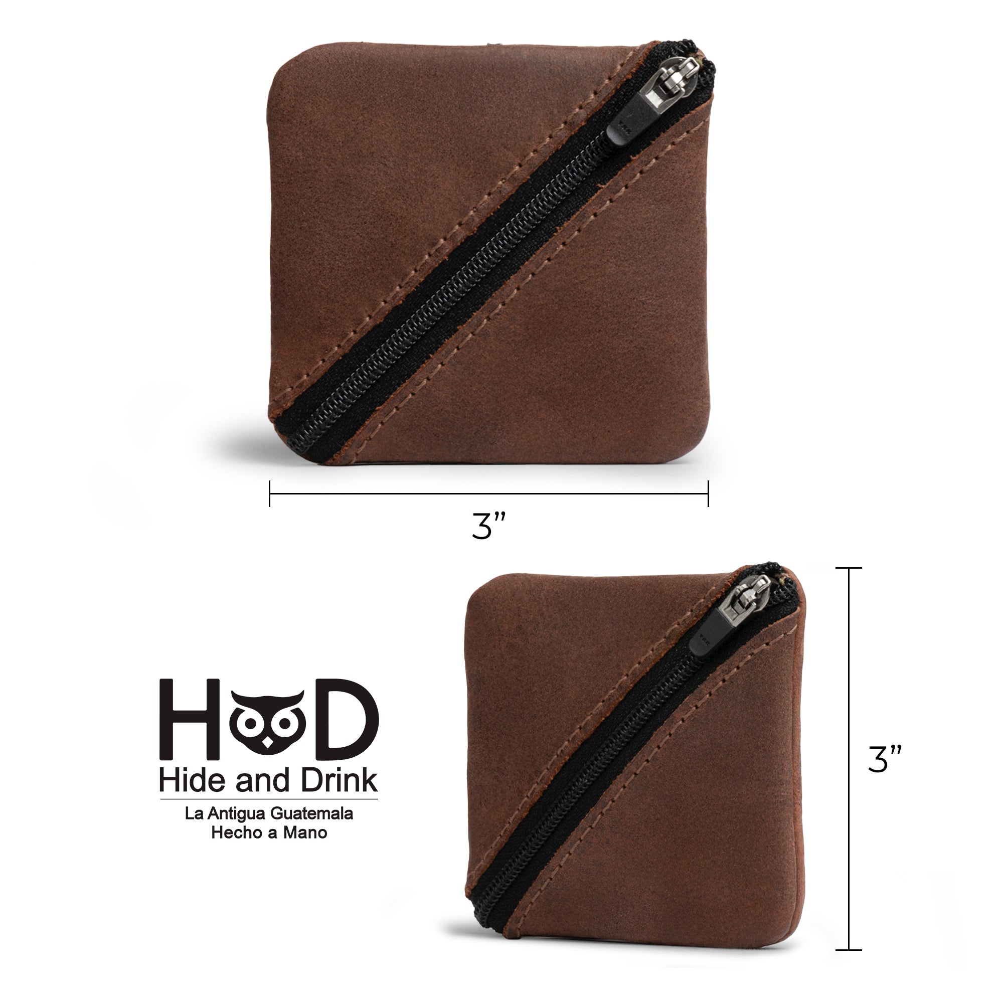 Dimensions of the Slash Zippered Pouch by Hide & Drink shown with measurements alongside its stylish full grain leather design. Ideal for pocket and purse organization as a change holder, handcrafted in La Antigua Guatemala & Oaxaca Mexico by skilled artisans.