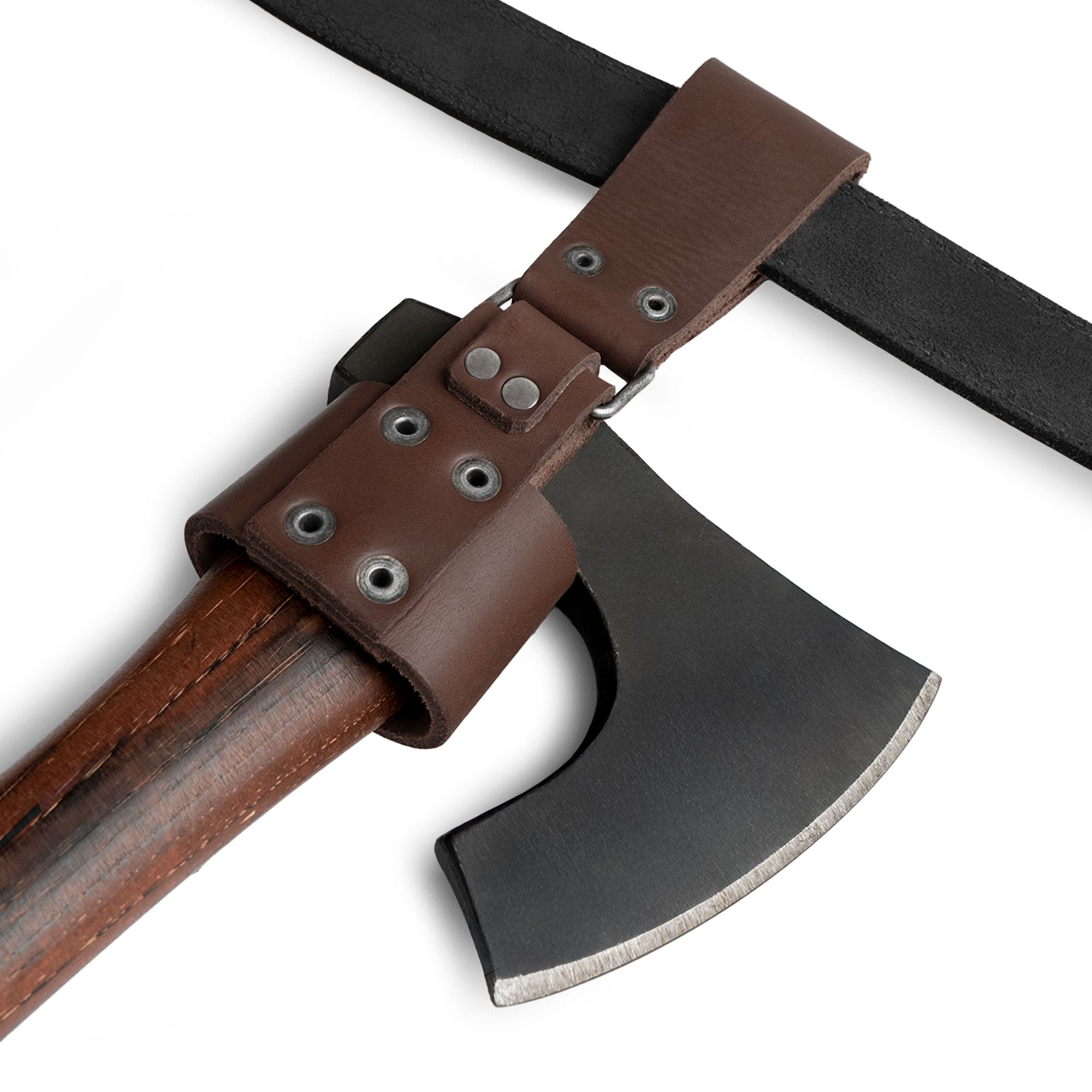 Valhalla Gear Axe Holder with Belt Loop being worn on a belt, highlighting its practicality as a hip holster for tools. Made from exquisite full grain leather, this handmade product is a testament to artisan craftsmanship from La Antigua Guatemala.