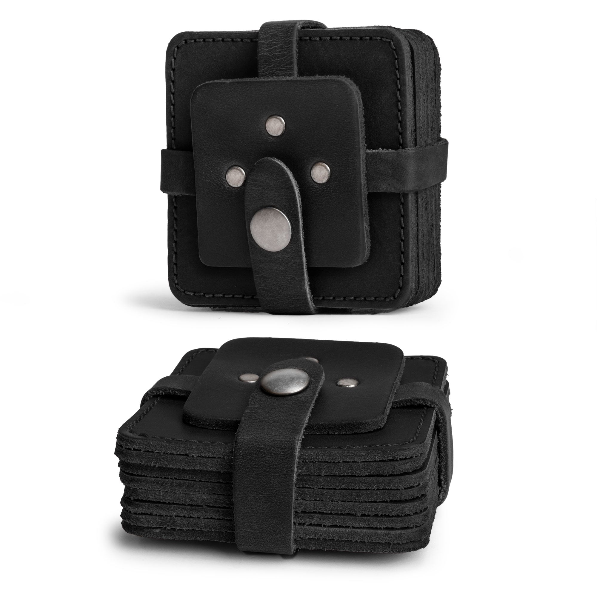 Vintage Squared Coaster (8 pack) by Hide & Drink presented beautifully in a black leather case. This coasters set of 8 is perfect for table protection for drinks and elevates any home or office decor. Engineered from premium full grain leather, each coaster is a product of small batch production, featuring handmade craftsmanship with fire branding in La Antigua Guatemala & Oaxaca Mexico.