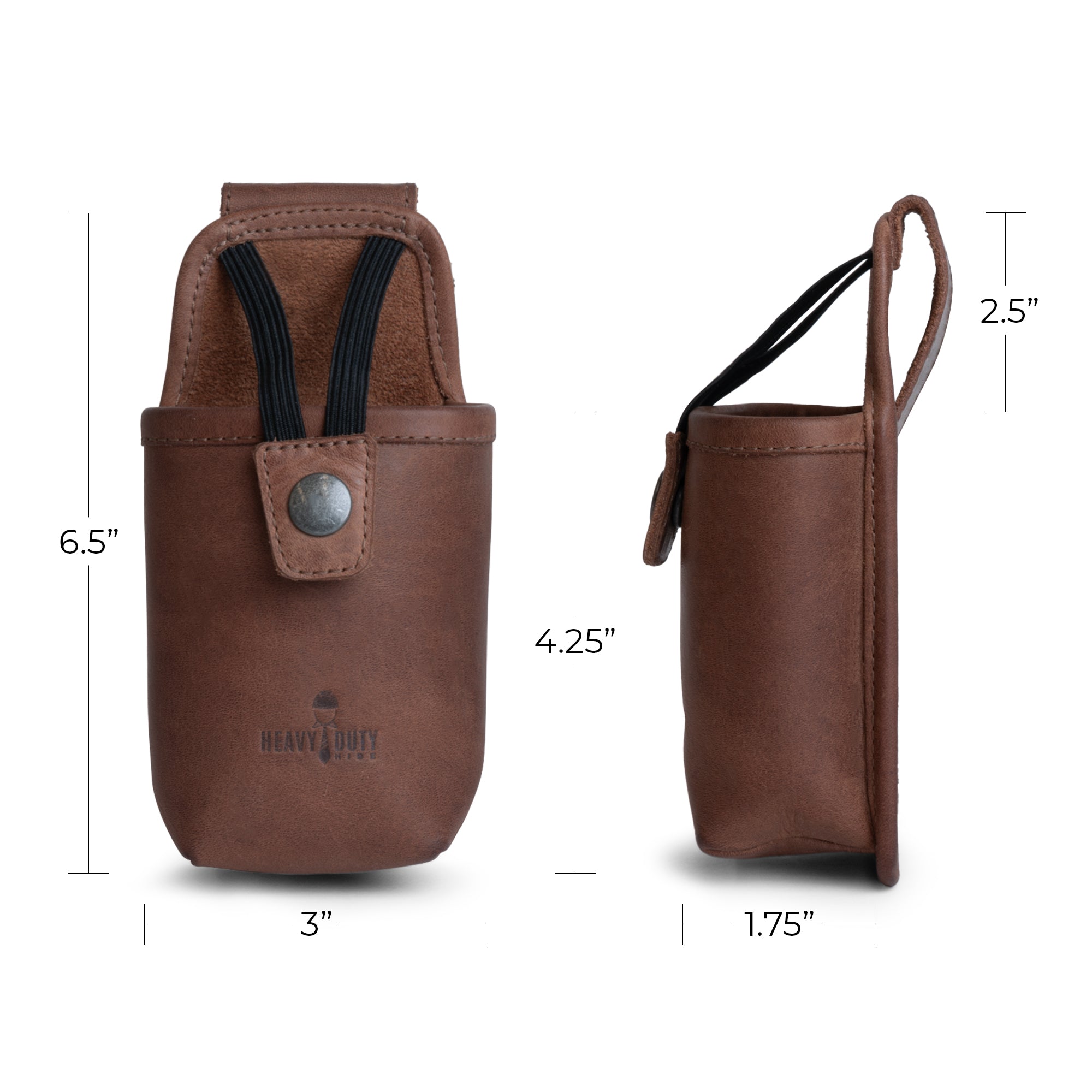 Heavy Duty Hide Radio Case from various angles, emphasizing its sturdy build and full grain leather quality. This practical two-way radio carrier is a must-have for tactical accessories, handmade in La Antigua Guatemala and Oaxaca Mexico.