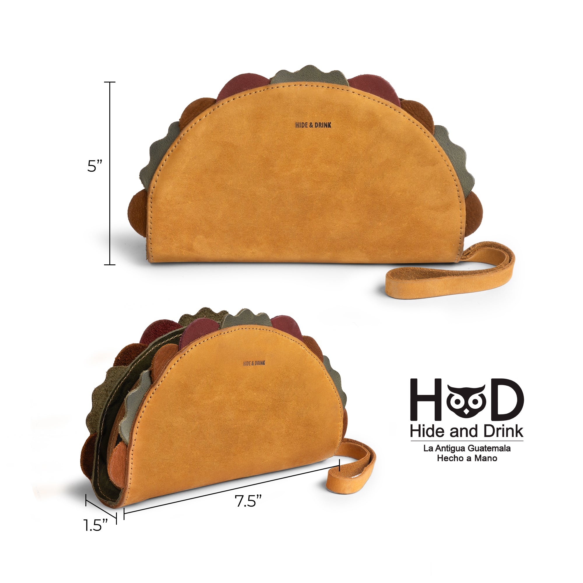 Dimensions showcase the Multipurpose Taco Wallet by Hide & Drink, a delightful accessory crafted from Full Grain Leather. This wallet not only serves practical needs but also stands out in your travel and back-to-school accessories collection. A fantastic gift for graduation or gifts for him, this piece fits perfectly in the wallets and women's collection.