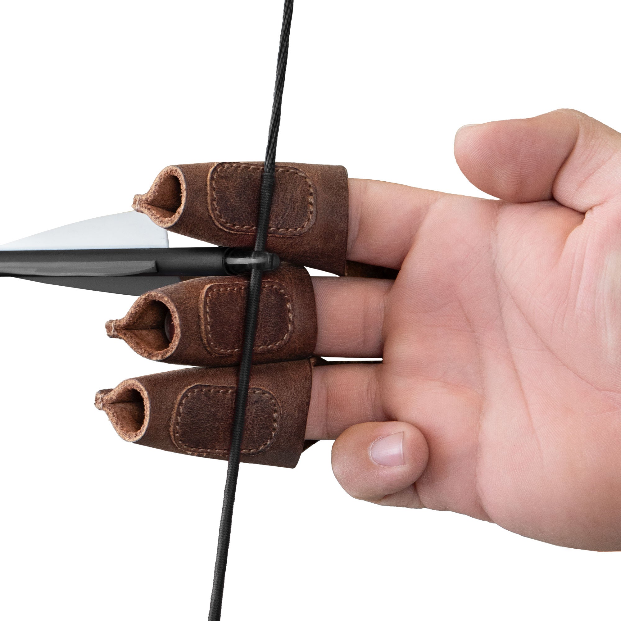 Valhalla Gear Rustic Three-Finger Archery Shooting Glove shown on a hand for a close-up view, illustrating its detailed full grain leather stitching and hand-sewn quality. It's designed for archers looking for a reliable hand guard while enjoying outdoor activities.