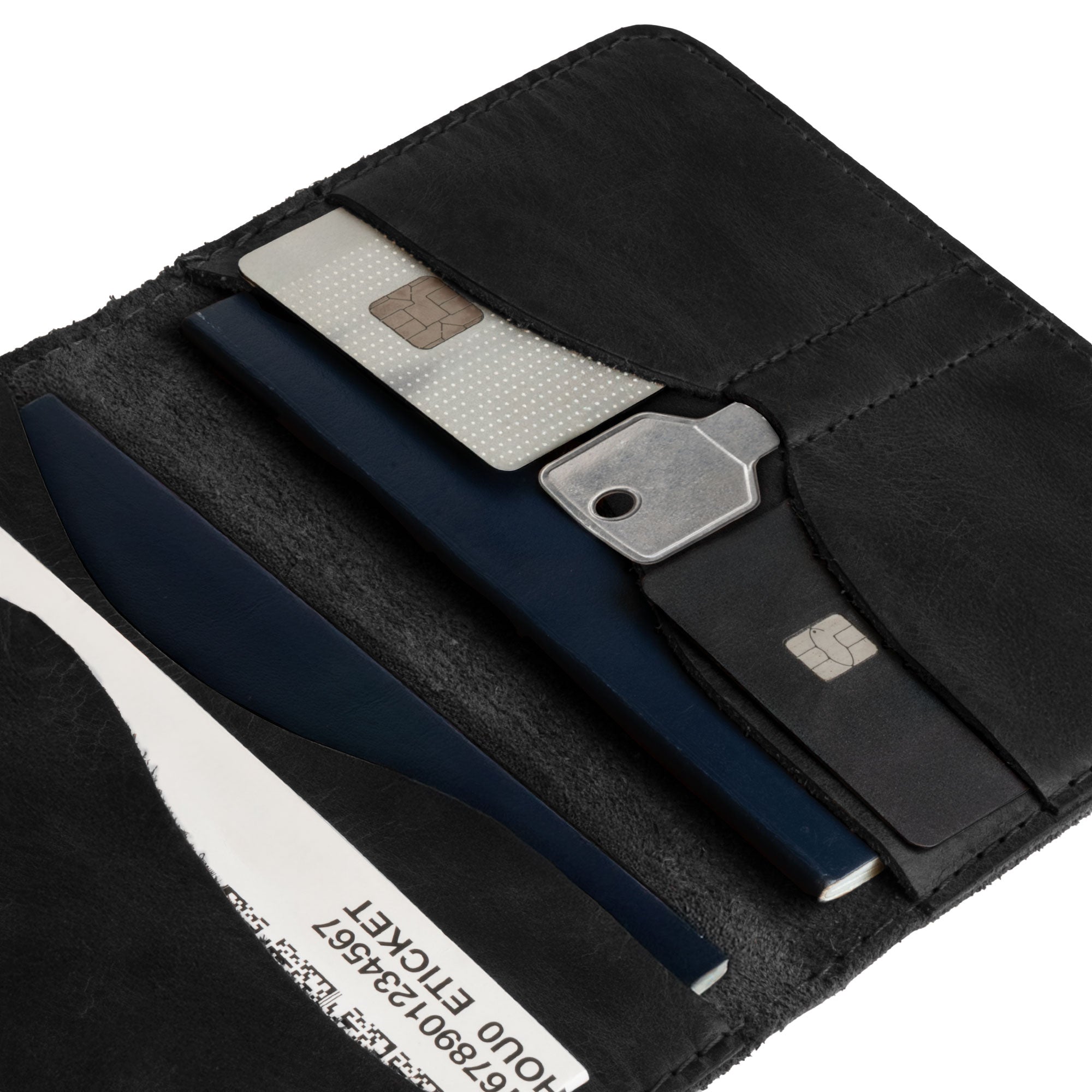 Close-up of the black Hide & Drink Double Passport Wallet W/Key Slot, detailing the exquisite hand-sewn slots for ID and keys, showcasing the rustic leather's durability and artisan touch.