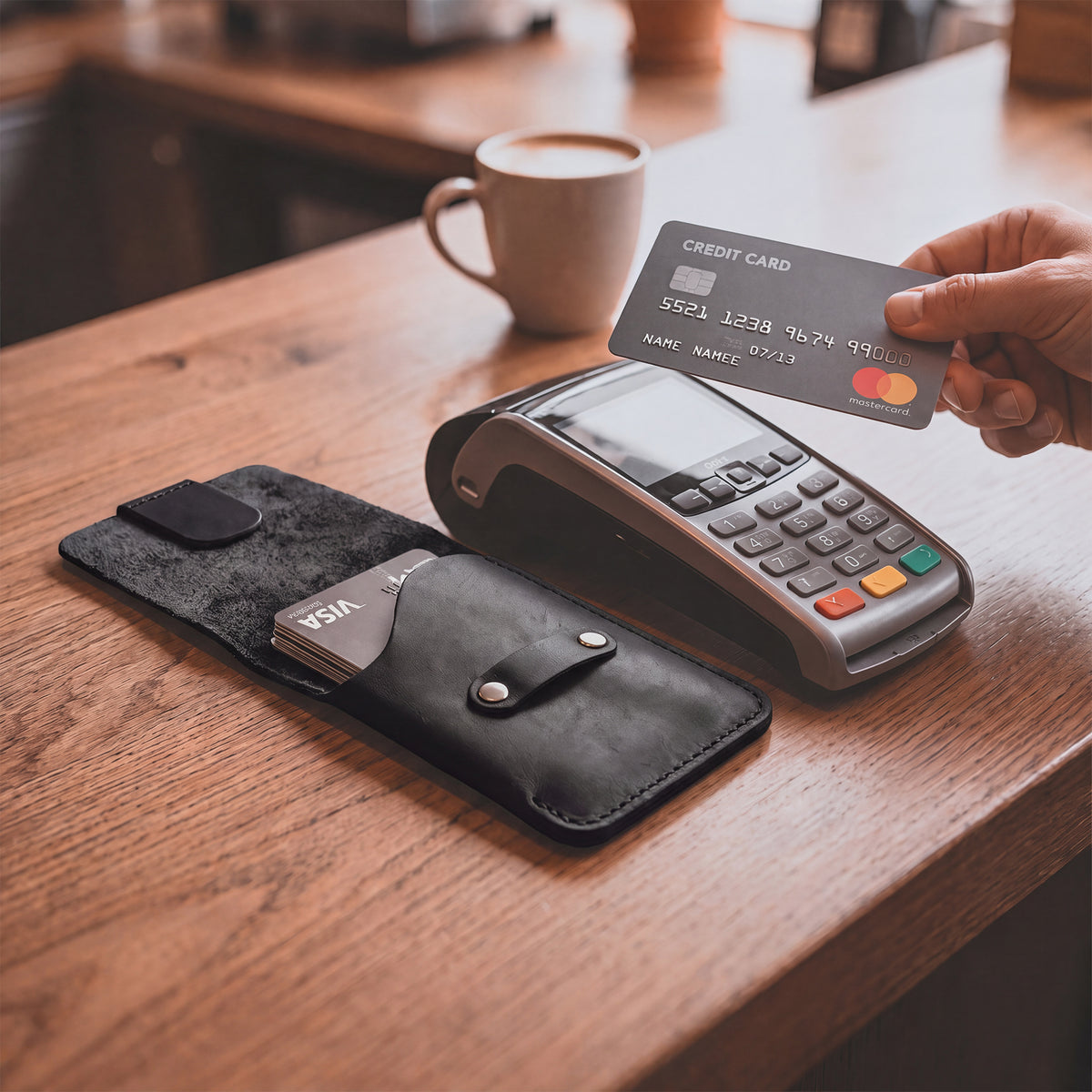 Hide & Drink Slim Card Holder in black leather, an elegant wallet designed to hold up to 4 cards and folded bills. This pocket wallet embodies handmade craftsmanship from artisans in La Antigua Guatemala, featuring fire branded artisan details.