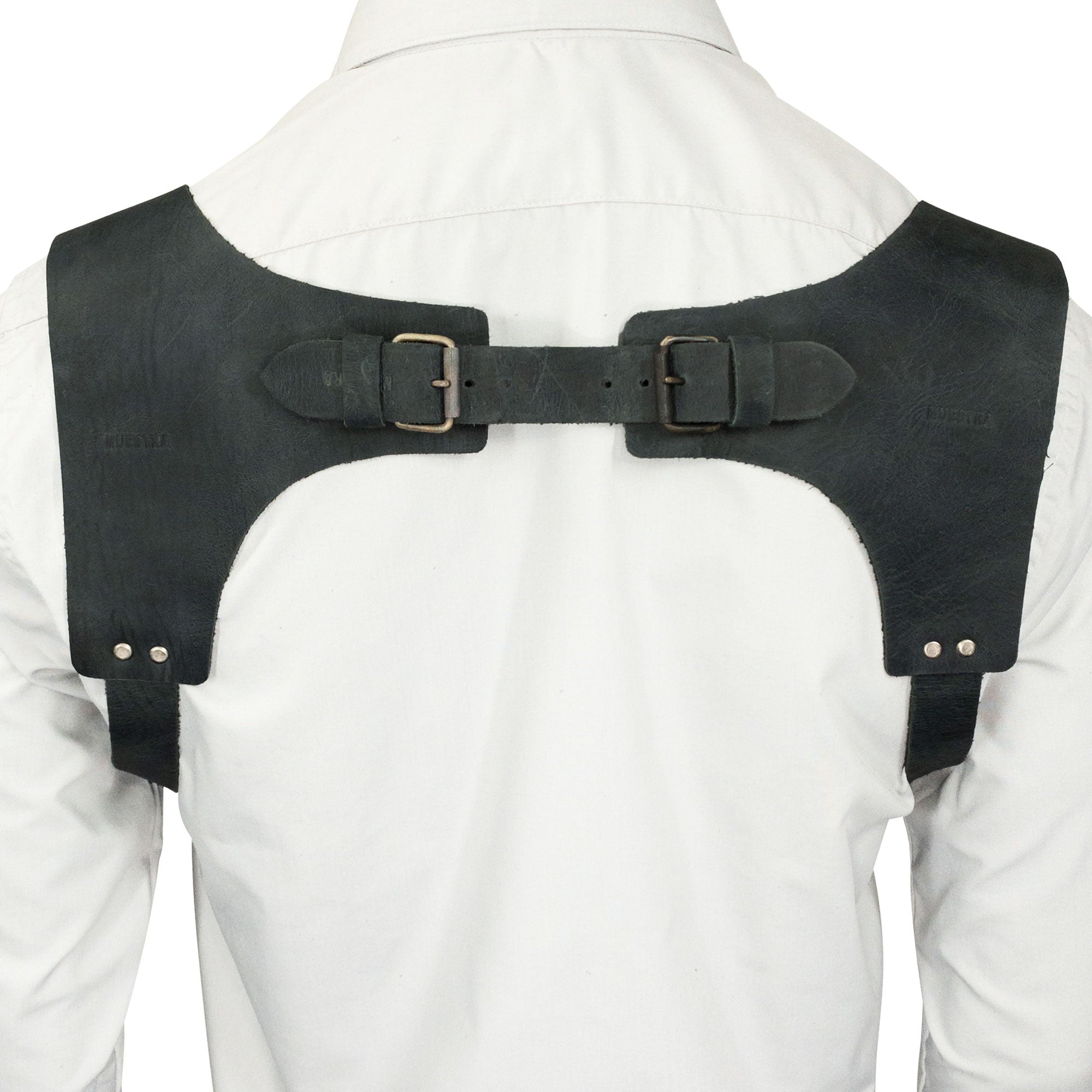 Back view of sleek dark leather Vintage Renaissance Suspenders by Hide & Groom, illustrating the careful stitching and artisan quality of this unique handmade accessory.