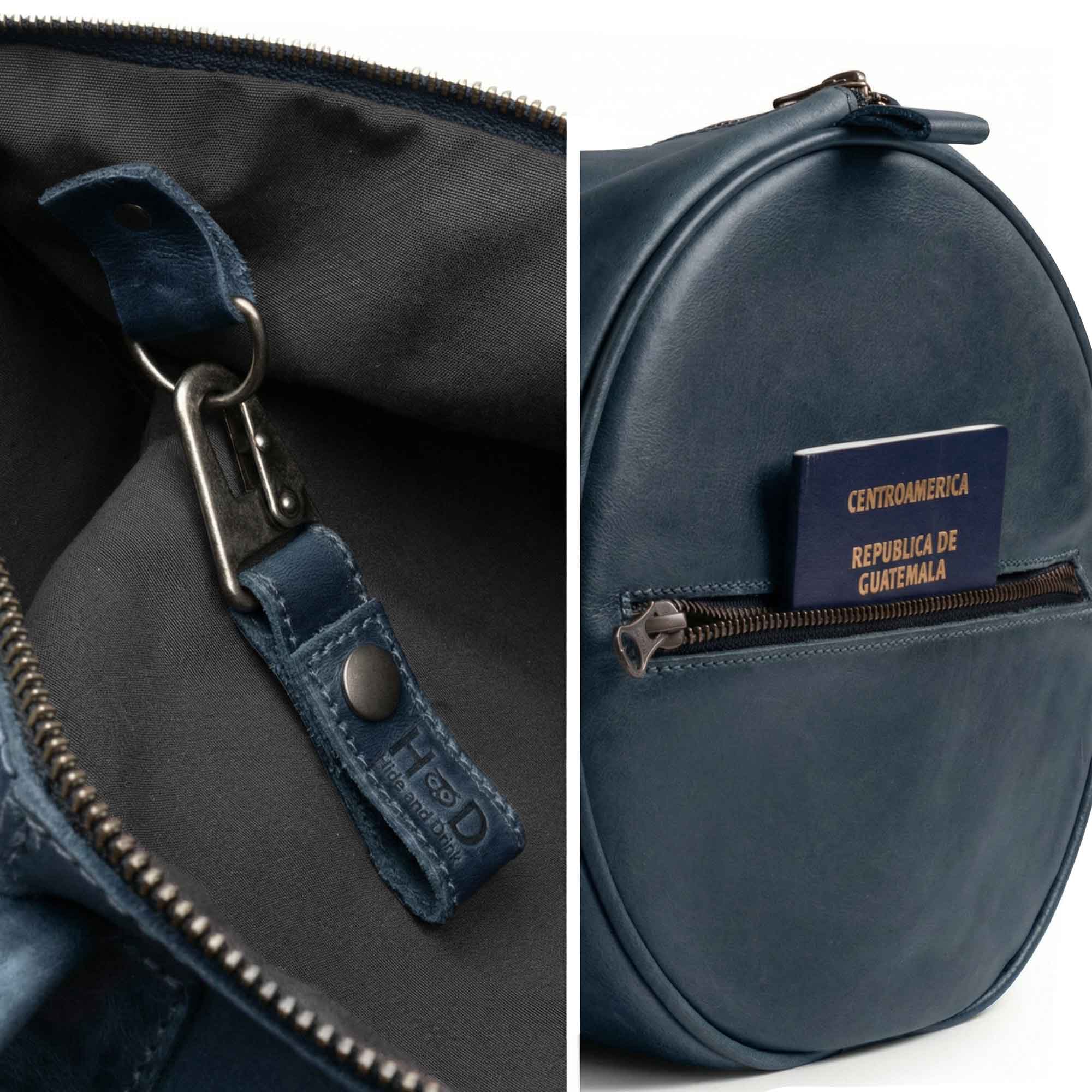 Detailed close-up of the Classic Duffle Bag by Hide & Drink in dark brown leather, highlighting the quality craftsmanship of the adjustable strap and zipper closure. This Full Grain Leather Classic Duffle Bag is ideal for travel and serves as a fashionable Messenger Bag, handmade in La Antigua Guatemala & Oaxaca Mexico.