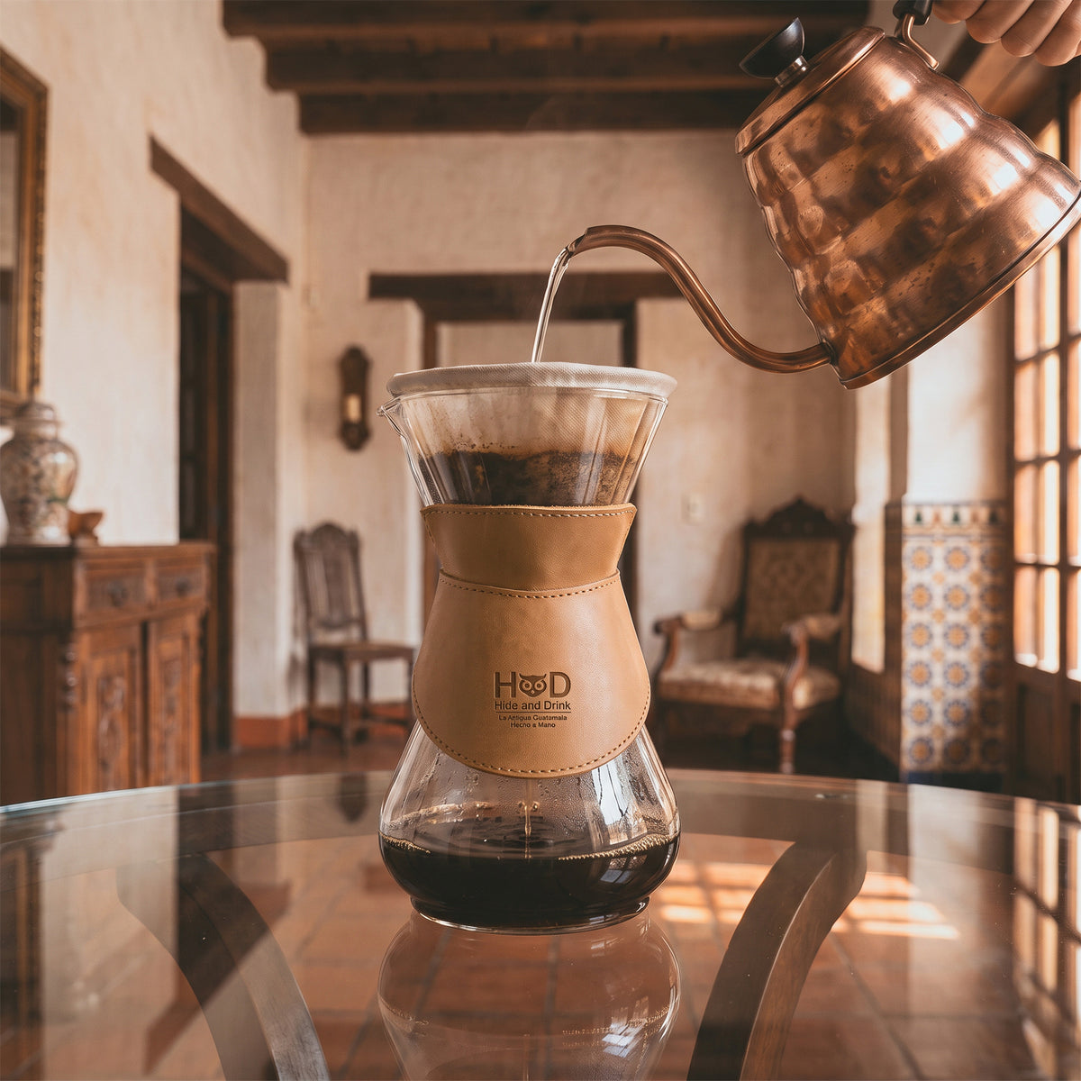 Hide & Drink Chemex Collar in brown leather lying flat, illustrating its durability and artisan quality for Chemex 6-Cup Glass. Crafted through stockyardX small batch production in La Antigua Guatemala & Oaxaca Mexico.