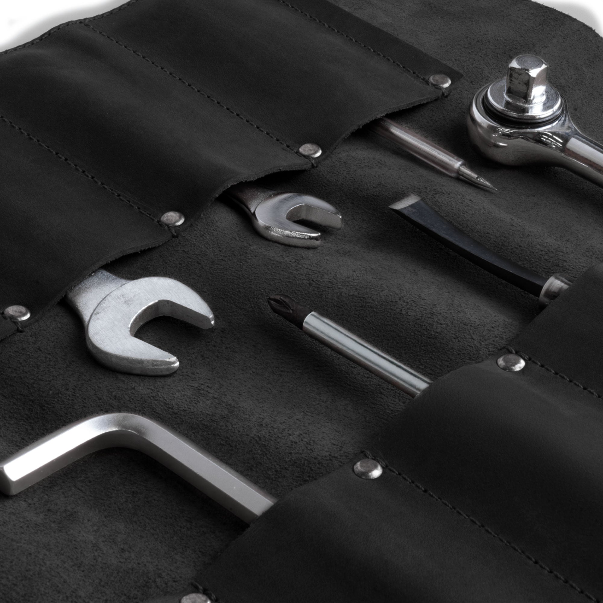 Hide & Drink Tool Roll (12 Pockets): Stylishly arranged leather tool roll displaying various tools neatly tucked in for organization. Tool Bag Roll Up, 12 Slot Heavy Duty Tool Roll Bag Organizer, Tool Roll Up Bag, Portable Tool Wrap Roll Bags for Travel, Durable Tool Kit Folding Tool Pouch Roll Up Mechanic Gifts for Men, Full Grain Leather, StockyardX, Small Batch Production, Hand Cut, Hand Sewn, Fire Branded, Artisan, Handmade in La Antigua Guatemala & Oaxaca Mexico.