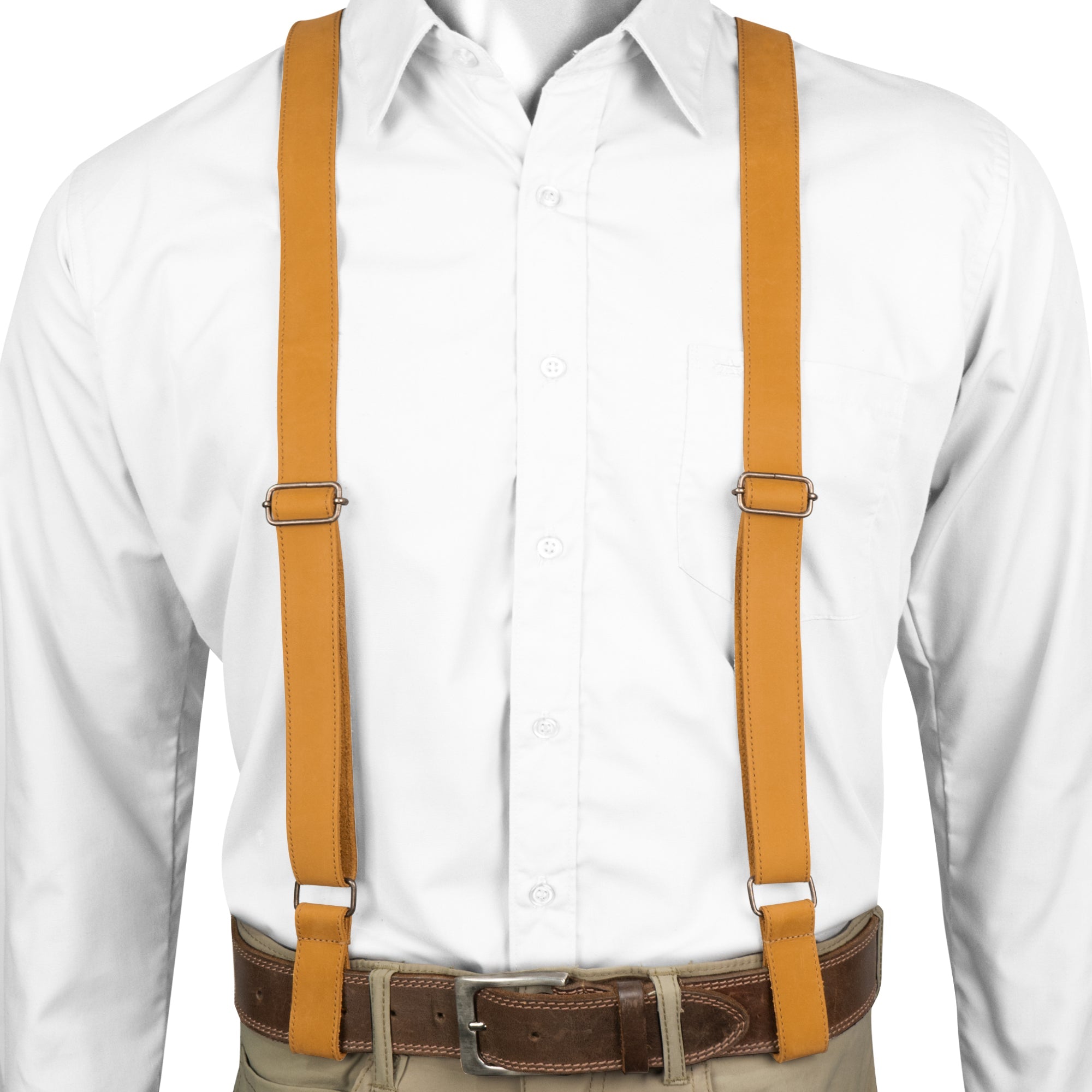 Front view of yellow X Back Formal Suspenders by Hide & Groom, showcasing their unique style in full grain leather. Ideal for weddings, they provide important shoulder support. Conceived through rigorous artisan methods, each pair is hand cut and sewn in a small batch workshop in La Antigua Guatemala.