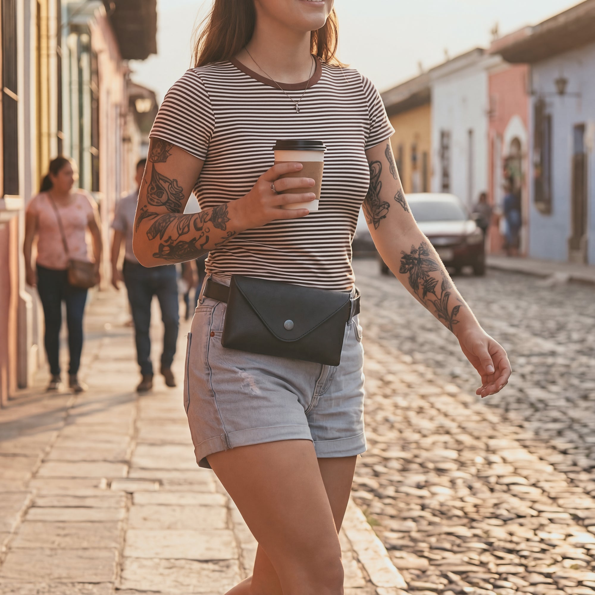 Model wearing Hide & Drink's Fancy Fanny Pack, showcasing how to wear this stylish waist pouch. Made from full grain leather, it's not only practical as a fanny pack but also as a chic vintage purse. Artisan-made with care in small batches in La Antigua Guatemala.
