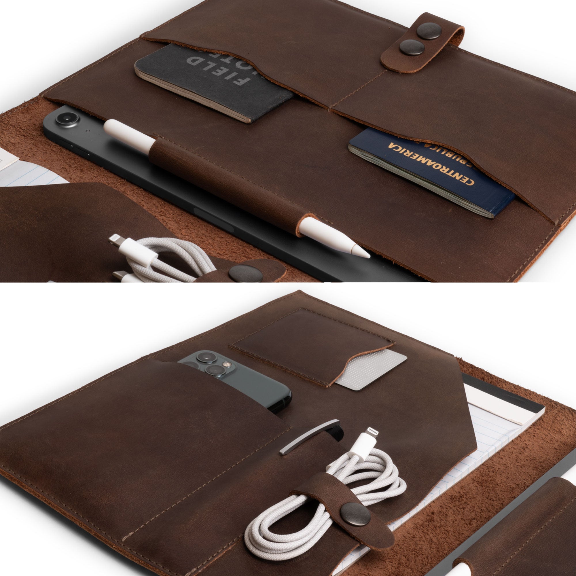 Close-up of the Leather Tablet Padfolio by Leather Worx, featuring organized compartments for essentials like a notebook, pen, coffee, and tablet. This Executive Document Folder Holder is ideal as a Professional Business Folio Organizer, a Handmade Portfolio Binder crafted from Full Grain Leather, showcasing the artisanal touch of small batch production in La Antigua Guatemala & Oaxaca Mexico.