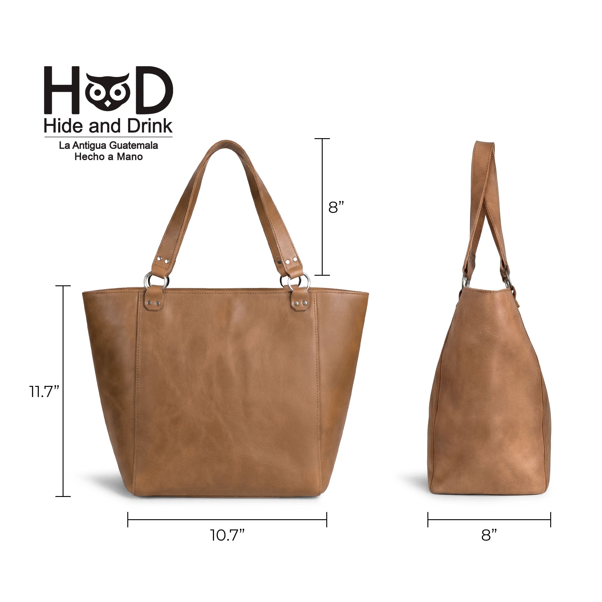 Image of the Leather Formal Handbag by Hide & Drink highlighting its size specifications. This Full Grain Leather handbag is perfect for use as a Female Formal Handbag, Shoulder Bag, or Shopping Bag for girls. Handmade in La Antigua Guatemala & Oaxaca Mexico.