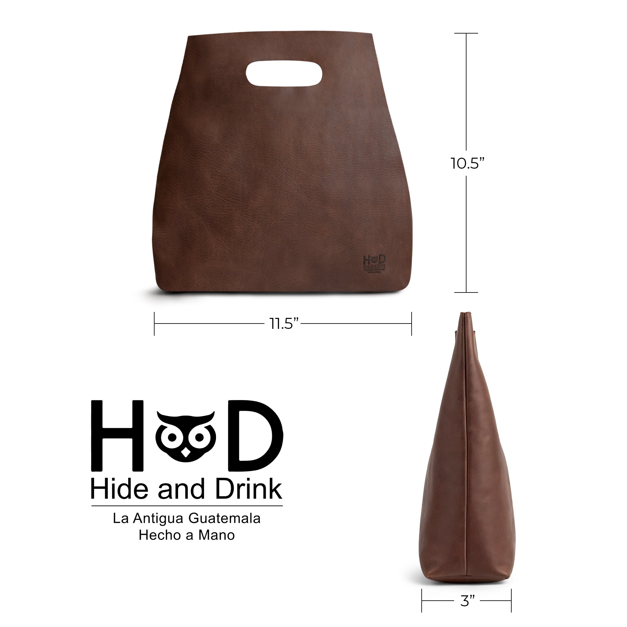 Overview of the Hide & Drink Minimalist Boho Handbag showing its dimensions and design. This artisan-crafted Minimalist Handbag for Women is made from durable Full Grain Leather, ideal for those who appreciate handmade quality in La Antigua Guatemala & Oaxaca Mexico.
