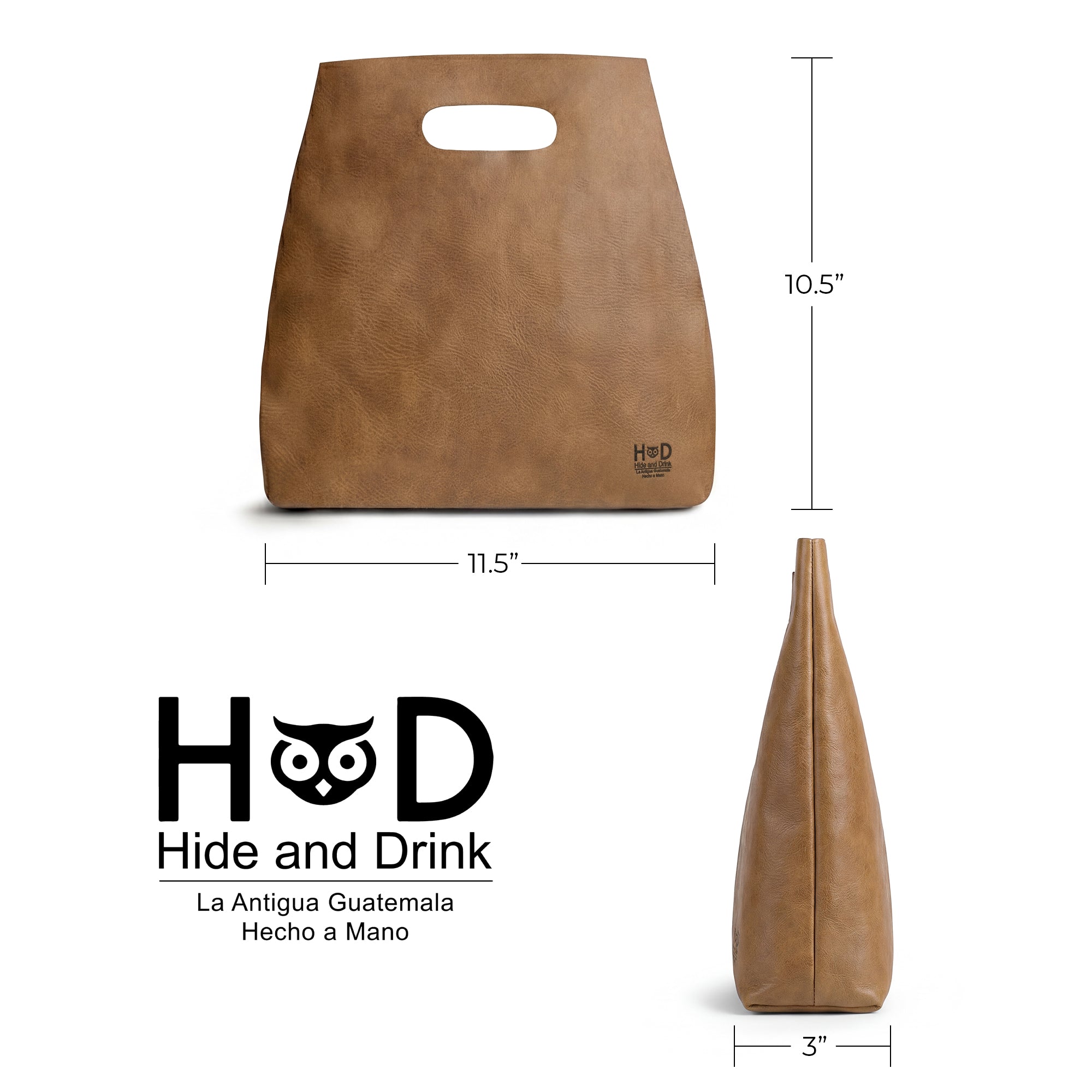Detailed dimensions of the brown Minimalist Boho Handbag by Hide & Drink, perfect for organization. This Minimalist Handbag for Women, versatile as a Gallery Tote or Shopping Bag, is crafted from Full Grain Leather, highlighting artisan craftsmanship.