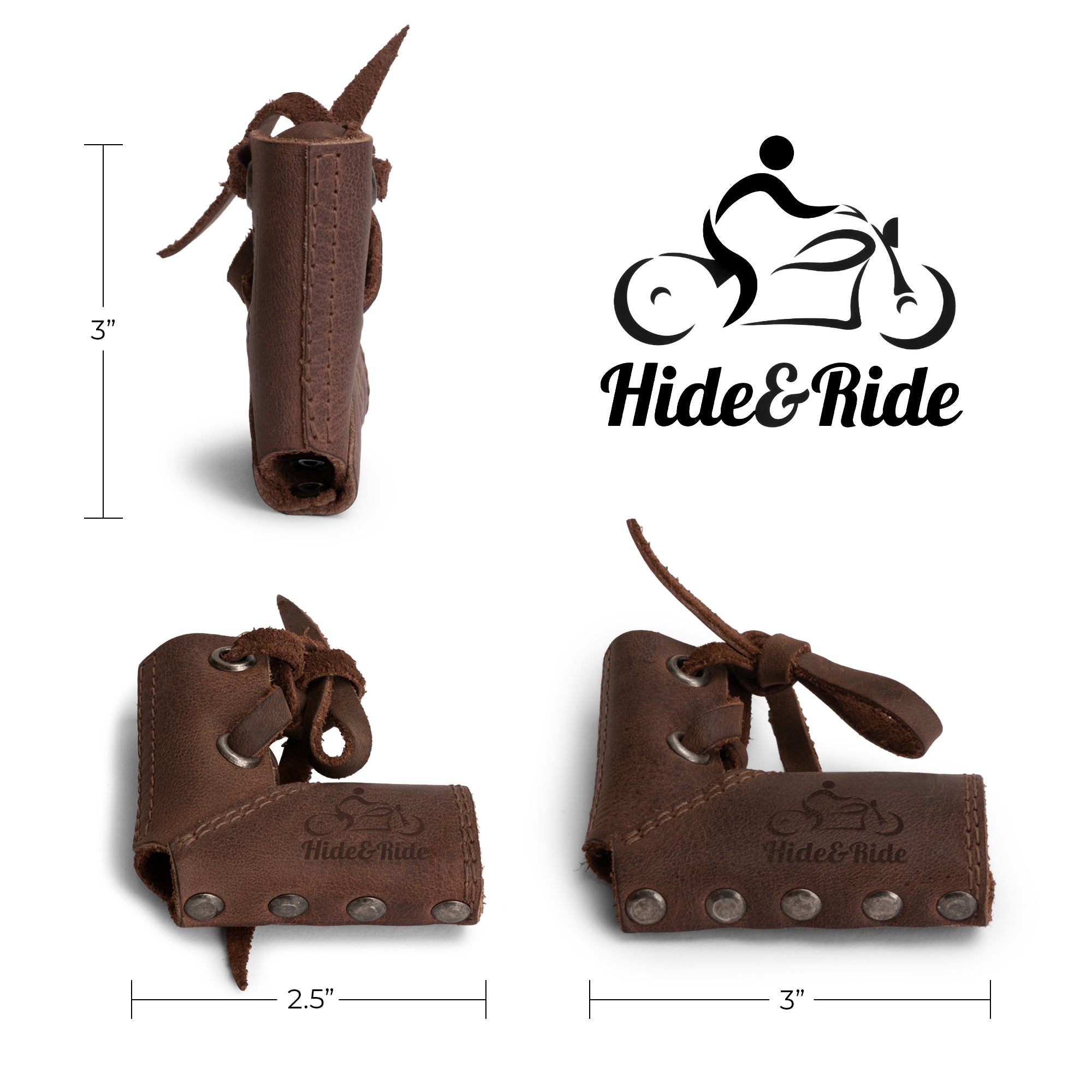 A flat lay photo of the Hide & Ride Shift Lever Sock packaging showcasing its unique design. This set of 2 full grain leather shifter shoe protectors is perfect for motorbike enthusiasts, highlighting handmade quality from La Antigua Guatemala.