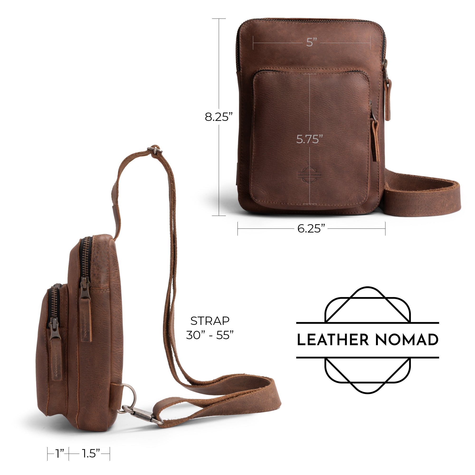 Dimensions of the Traveler Sling Bag by Leather Nomad are presented next to the bag, showcasing its compact size. This trendy and stylish accessory is made from full grain leather, suitable for both men and women. Each piece is artisan crafted in La Antigua Guatemala, highlighting a dedication to handmade quality and fire branding.