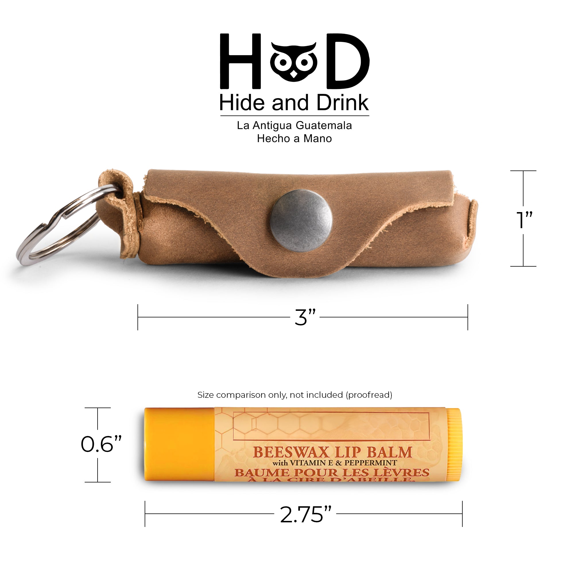 Size comparison of the Rustic Leather Lip Balm Key Chain by Hide & Drink with a standard lip balm tube. This Lip Balm Key Chain holder is designed for practicality and made from full grain leather. The classic vintage accessory features a brass metal clasp, with artisan detailing from small batch production.