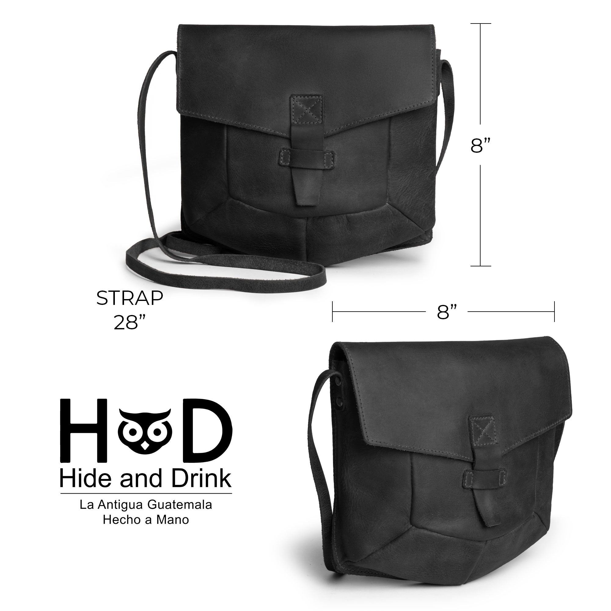 The black Prisma Shoulder Bag by Hide & Drink alongside a business card, emphasizing its quality design. This vintage purse is suited for use as a messenger or crossbody bag, crafted from premium full grain leather through artisanal hand cut and hand sewn methods in La Antigua Guatemala & Oaxaca Mexico.