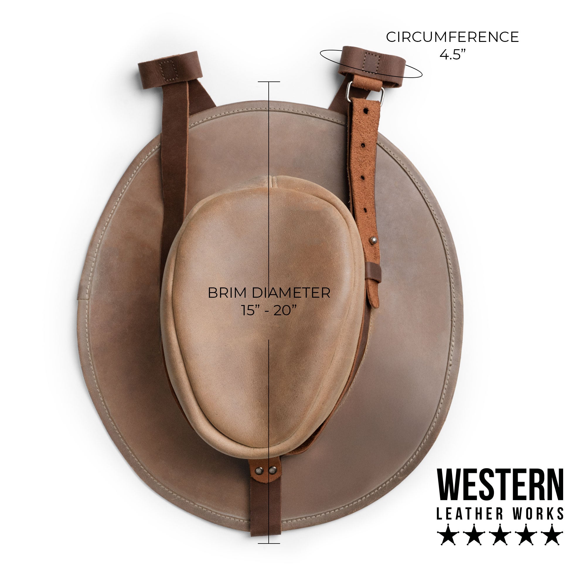 The Travel Hat Harness by Western Leather Works, featuring dimensions for brim diameter and circumference. This full grain leather harness is a versatile hat holder for travel, perfect for securing hats to luggage or bags, and showcases the artisan craftsmanship and handmade quality of small batch production.