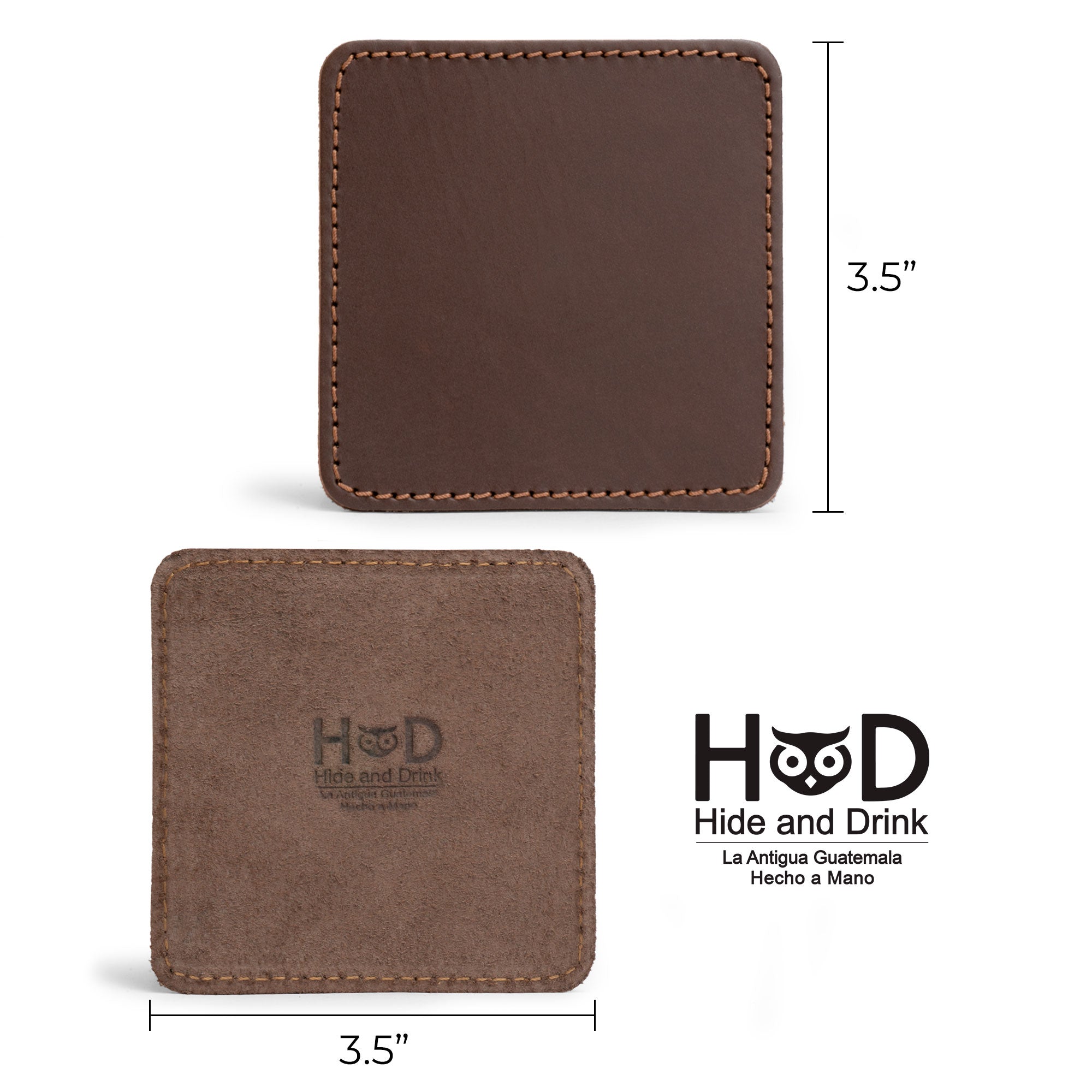 Vintage Squared Coaster (8 pack) by Hide & Drink, displaying the coaster design with dimensions. This set of 8 coasters is perfect for table protection for drinks while adding an elegant touch to any environment. Crafted from premium full grain leather and crafted in small batches, this product is made with care, featuring meticulous hand cut and hand sewn details, fire branded, proudly made in La Antigua Guatemala & Oaxaca Mexico.