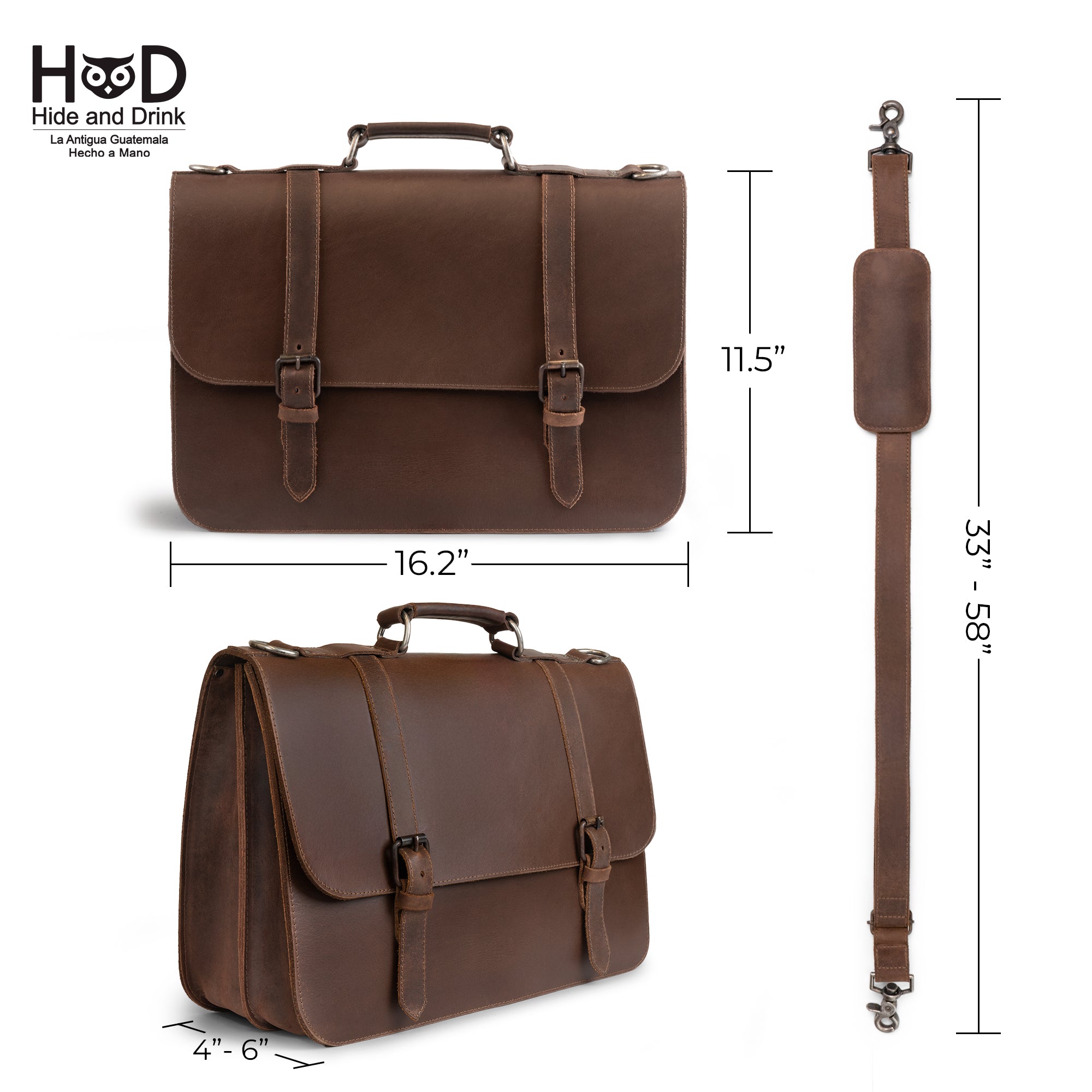 This rustic briefcase with an adjustable strap is a durable messenger bag and an ideal travel accessory. It's made of premium full-grain leather with artisanal details cut and sewn by hand. Produced in Antigua, Guatemala, and Oaxaca, Mexico.