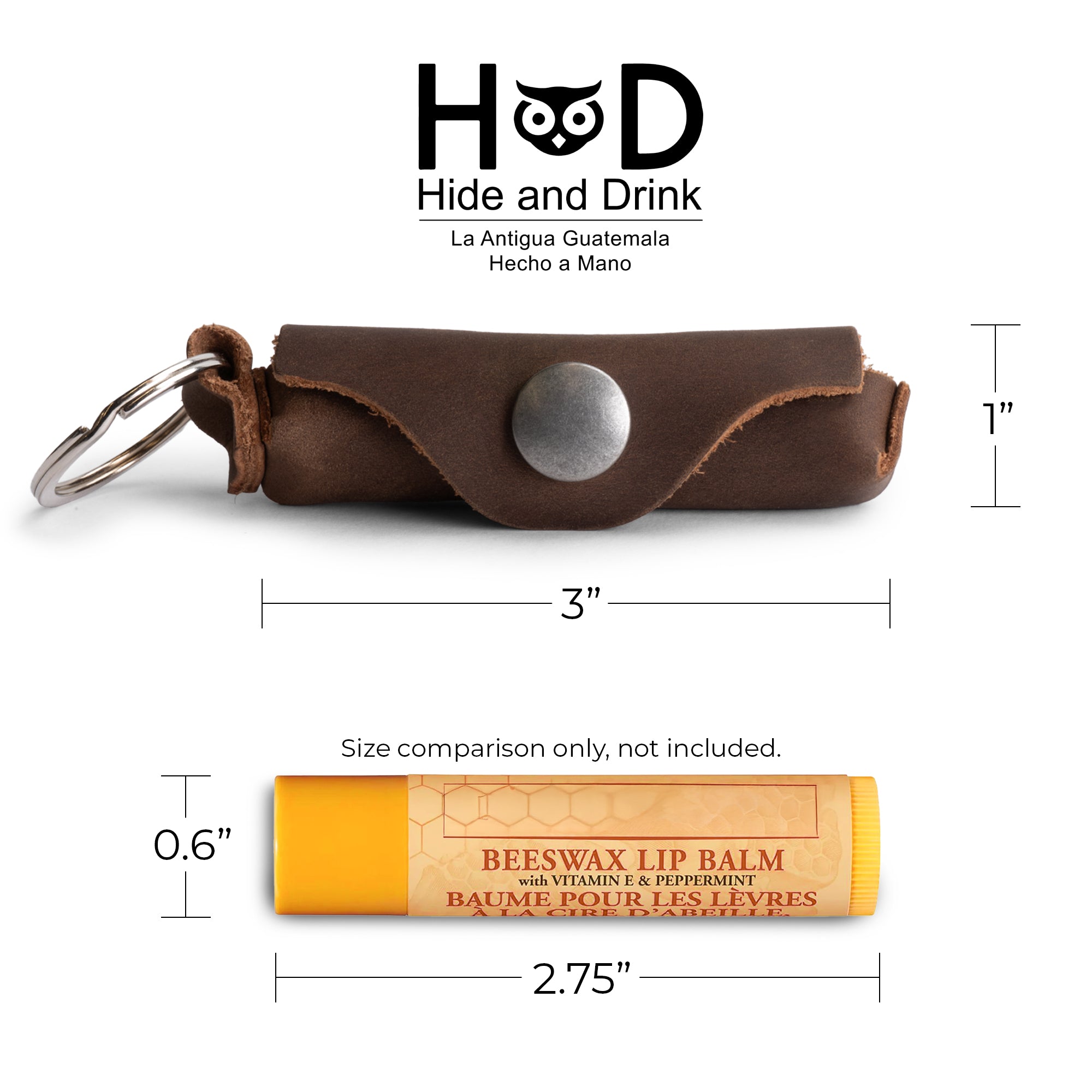 Unique Lip Balm Key Chain by Hide & Drink with an innovative design for easy lip balm access. Made from full grain leather with a brass metal clasp, artisan crafted in La Antigua Guatemala.