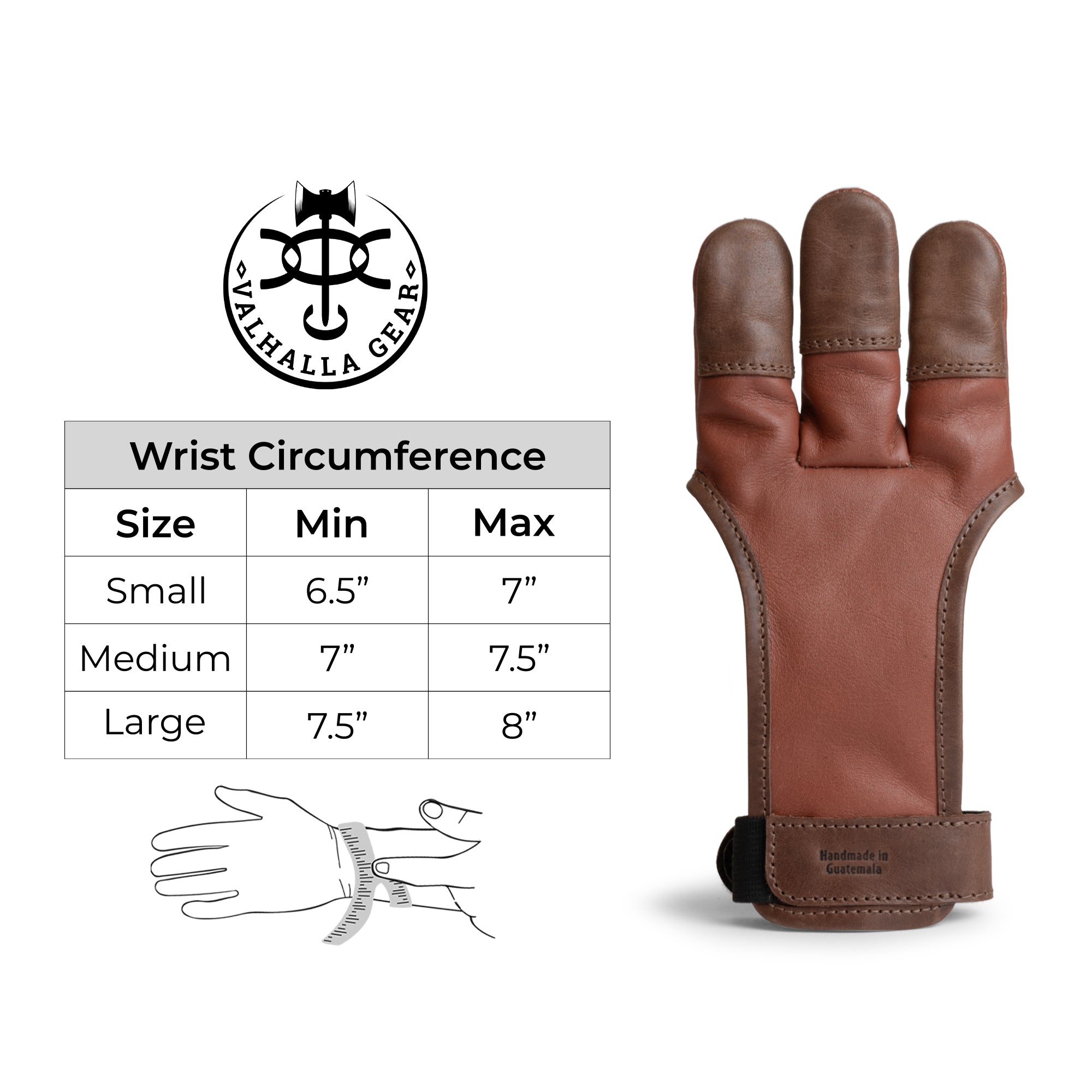 The Valhalla Gear 3-Finger Archery Glove with wrist circumference guidelines shown in a detailed image. This leather glove is a reliable finger tab for archers, enhancing precision while shooting. Artisan-crafted, this protective accessory is designed for long bows and recurve bows, handmade in La Antigua Guatemala & Oaxaca Mexico.