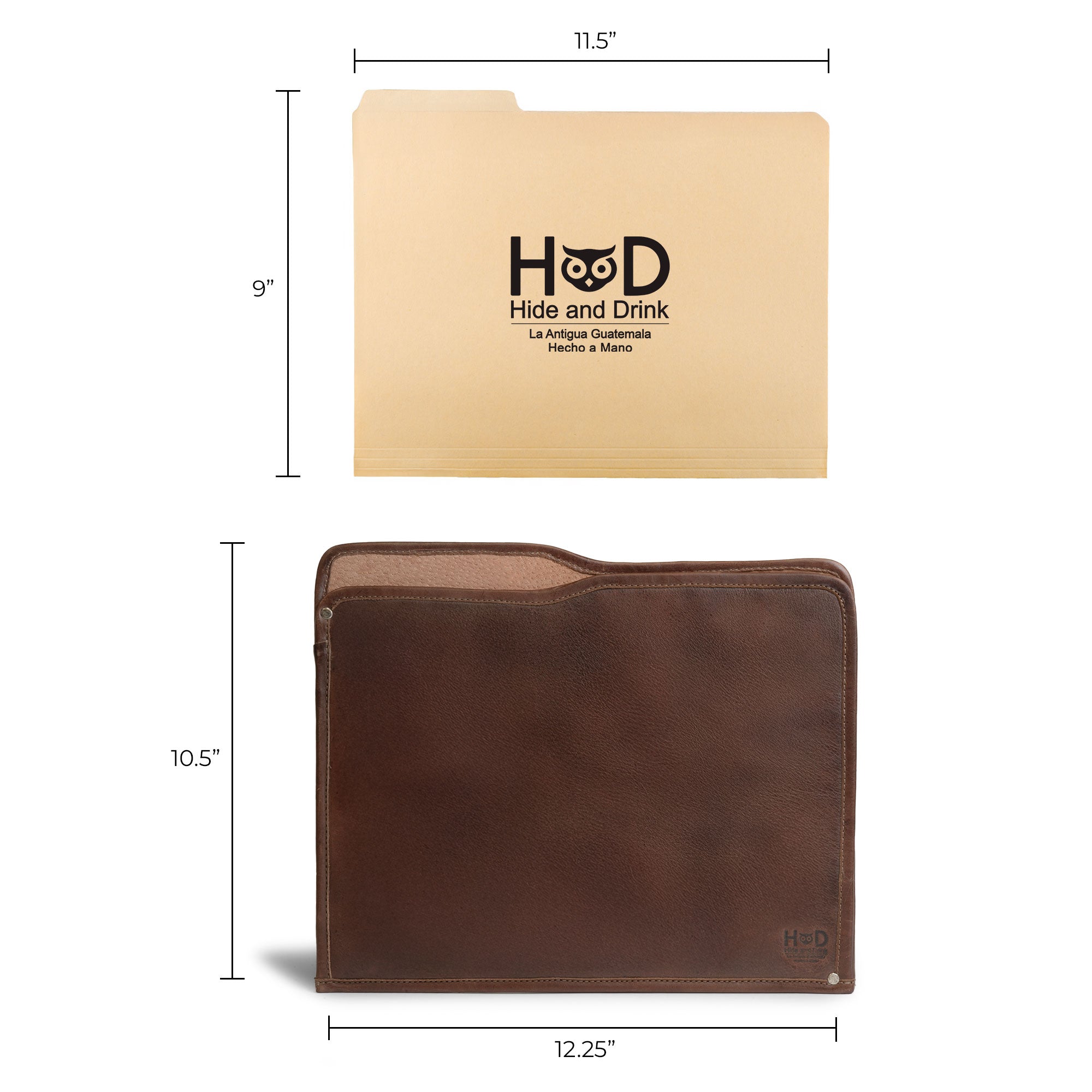 Dimensions of the Manila Folder by Hide & Drink next to a standard folder, illustrating its perfect fit as a Document Holder. Crafted from Full Grain Leather, this piece embodies the dedication to Small Batch Production and artisan craftsmanship from La Antigua Guatemala and Oaxaca Mexico.