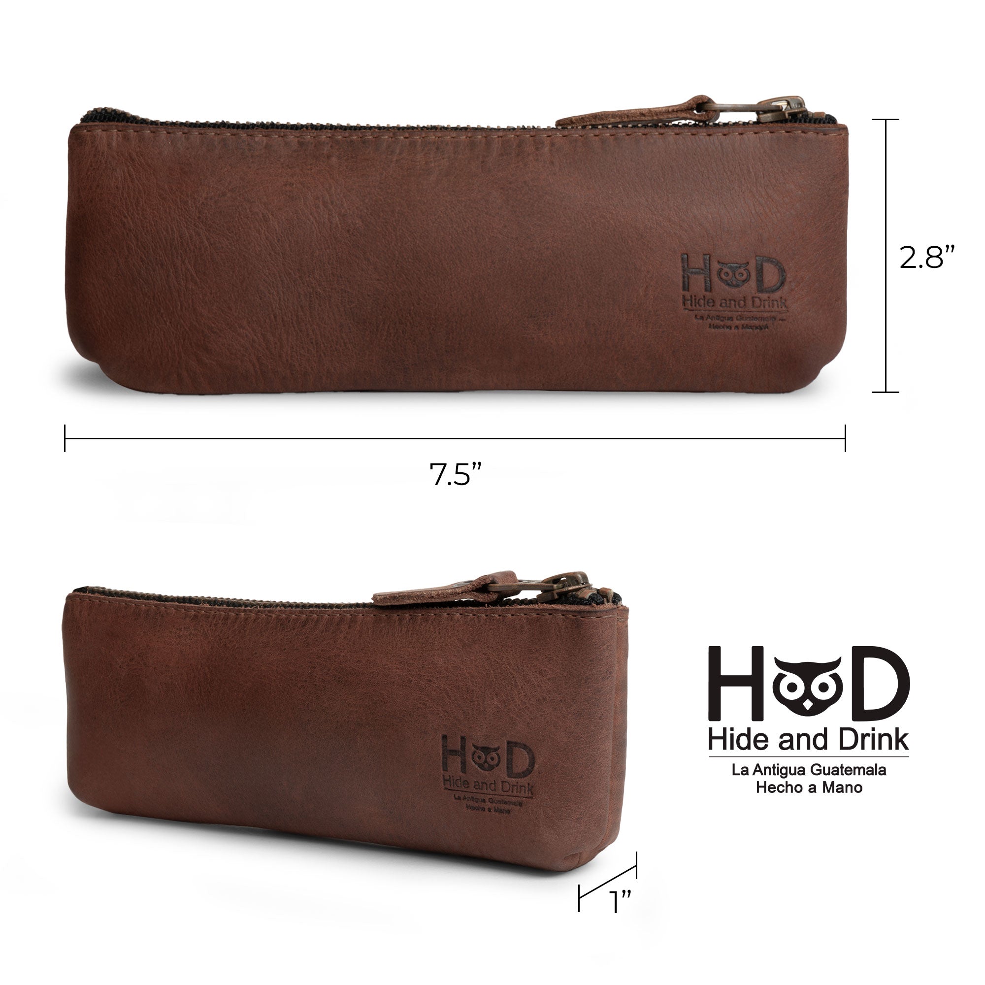 Dimensions of Hide & Drink Pencil Pouch displayed next to markers for size comparison. This rectangular pencil case made from full grain leather is a versatile pen & marker pouch suitable for men and women. Each piece is artisan-made in La Antigua Guatemala & Oaxaca Mexico, embracing classic style with small batch production.
