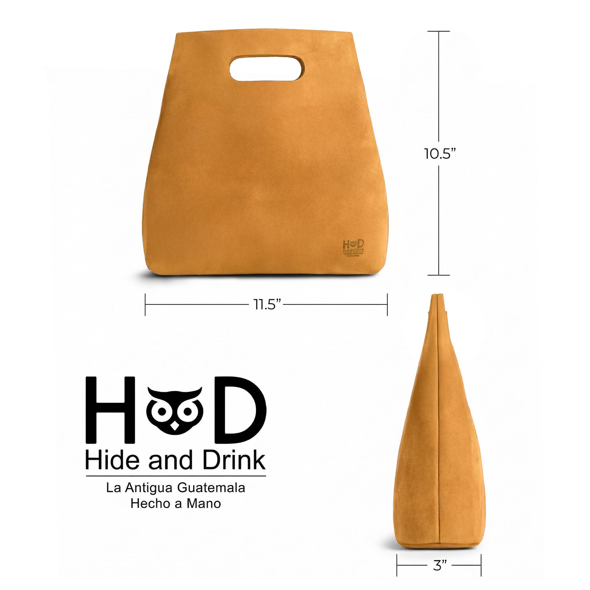 Dimensions display of the Minimalist Boho Handbag by Hide & Drink, highlighting its spaciousness and practicality. This Minimalist Handbag for Women makes an ideal Rustic Purse or Tote Bag, handcrafted from Full Grain Leather. It embodies artisan quality with hand cutting, sewing, and fire branding, made in La Antigua Guatemala & Oaxaca Mexico.