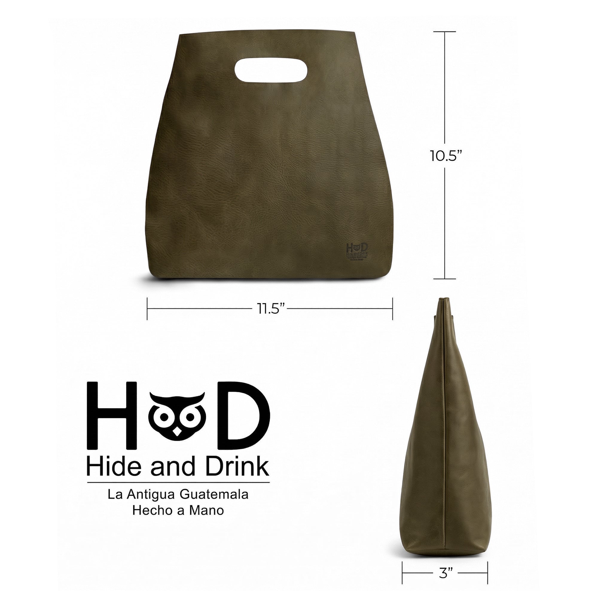 A visual representation of the dimensions of the Minimalist Boho Handbag from Hide & Drink, ensuring practical usage. This Minimalist Handbag for Women is an ideal Tote Bag made from Full Grain Leather, aligning with StockyardX's principles of artisan craftsmanship, highlighted by Hand Sewn details, proudly handcrafted in La Antigua Guatemala & Oaxaca Mexico.