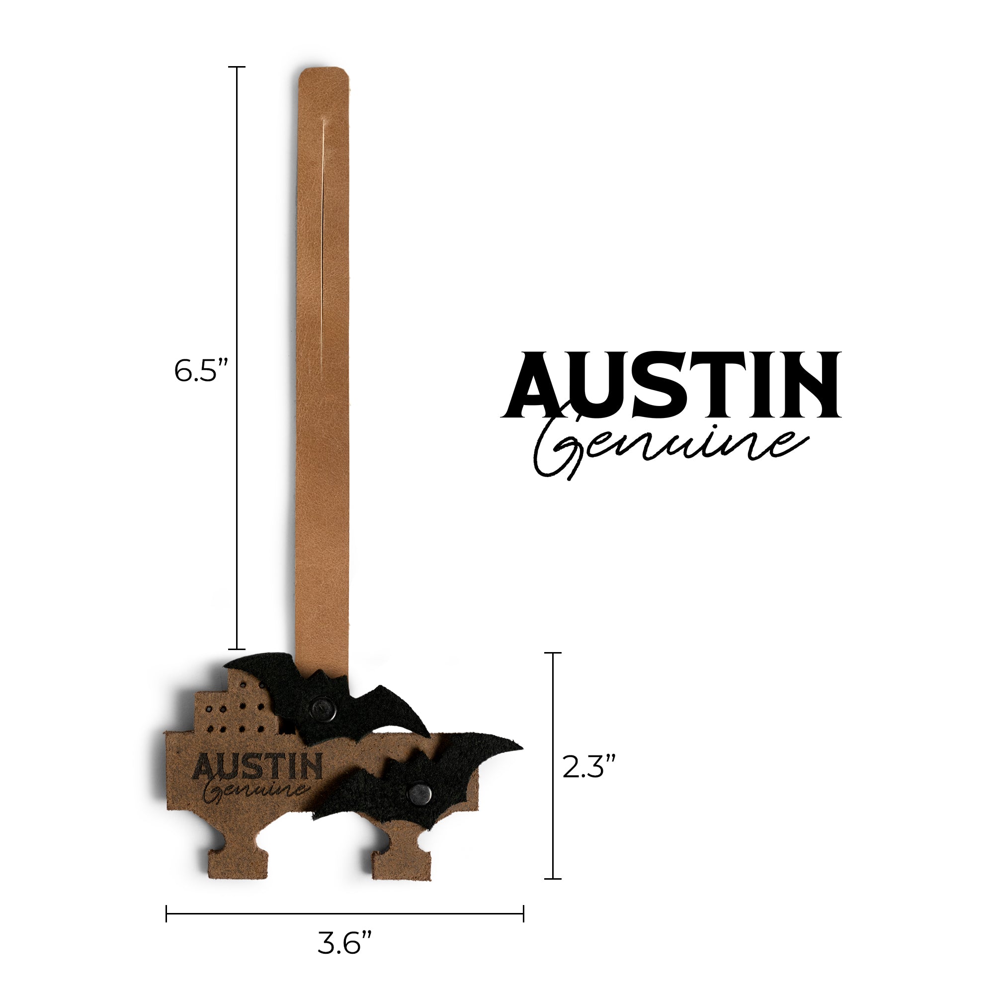 Bag Charms by Austin Genuine provides dimensions for a bat bag charm. This Austin Genuine Bag Charm showcases 7 unique designs made with full grain leather from StockyardX, crafted through small batch production, hand cut, hand sewn, and fire branded, artisan, handmade in La Antigua Guatemala & Oaxaca Mexico.