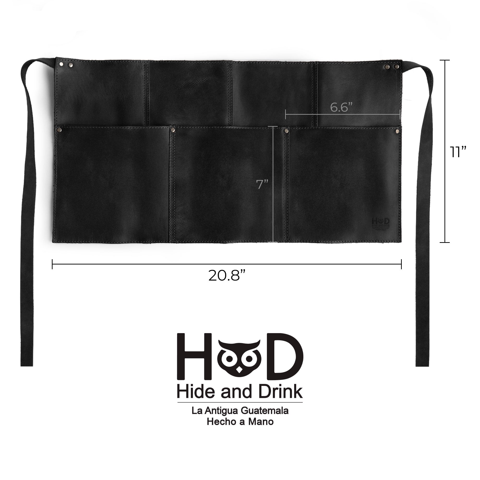 Dimensions of the black Hide & Drink Barista Leather Waist Apron, showing riveted pockets, crafted for functionality as waitress and waiter accessories, handmade from full grain leather in La Antigua Guatemala & Oaxaca Mexico.