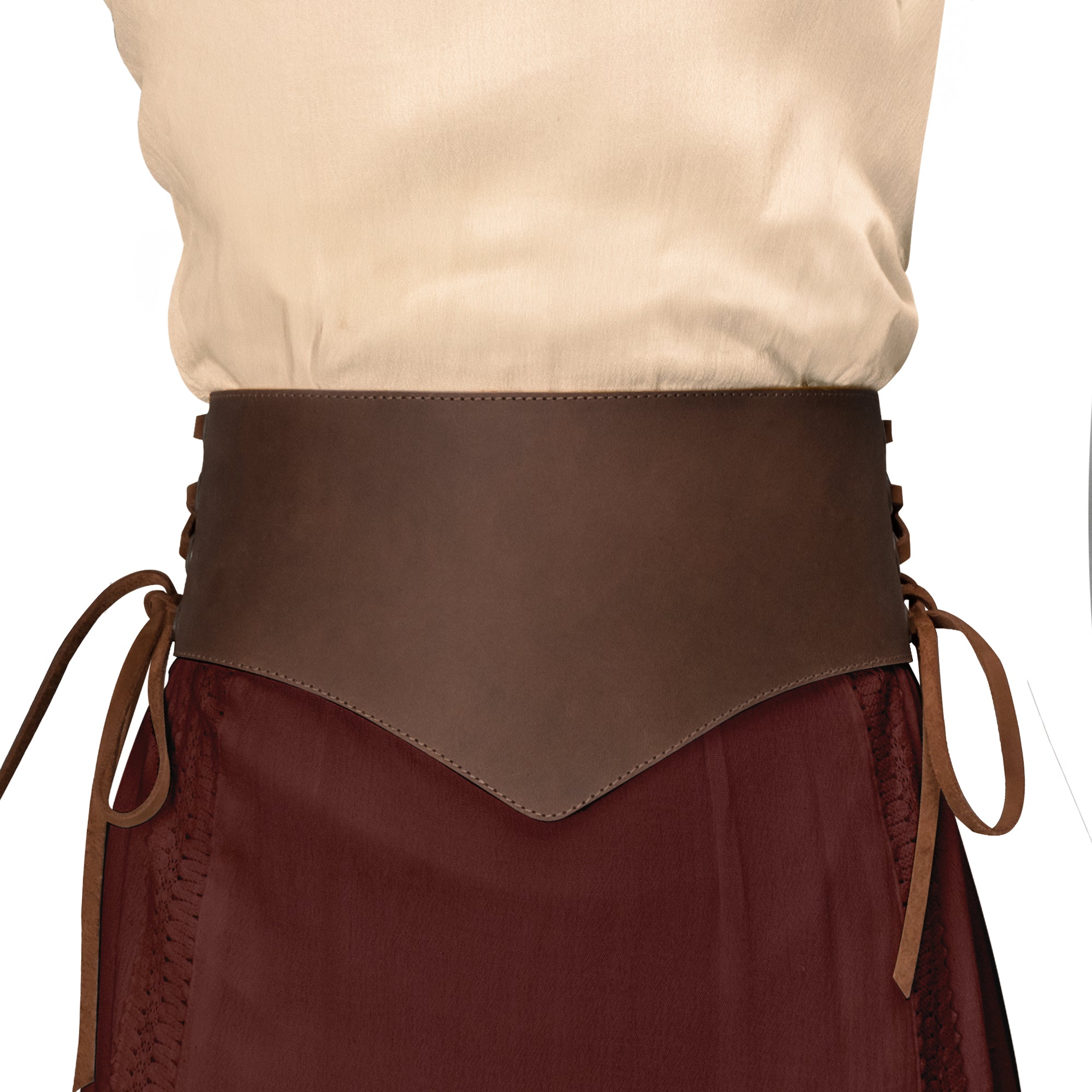 The Lace-up Corset Waist Belt for Women from Hide & Play worn by a model, demonstrating its stylish fit and vintage appeal. This full grain leather belt is perfect as a costume accessory, made with small batch production techniques. Handmade in La Antigua Guatemala & Oaxaca Mexico.