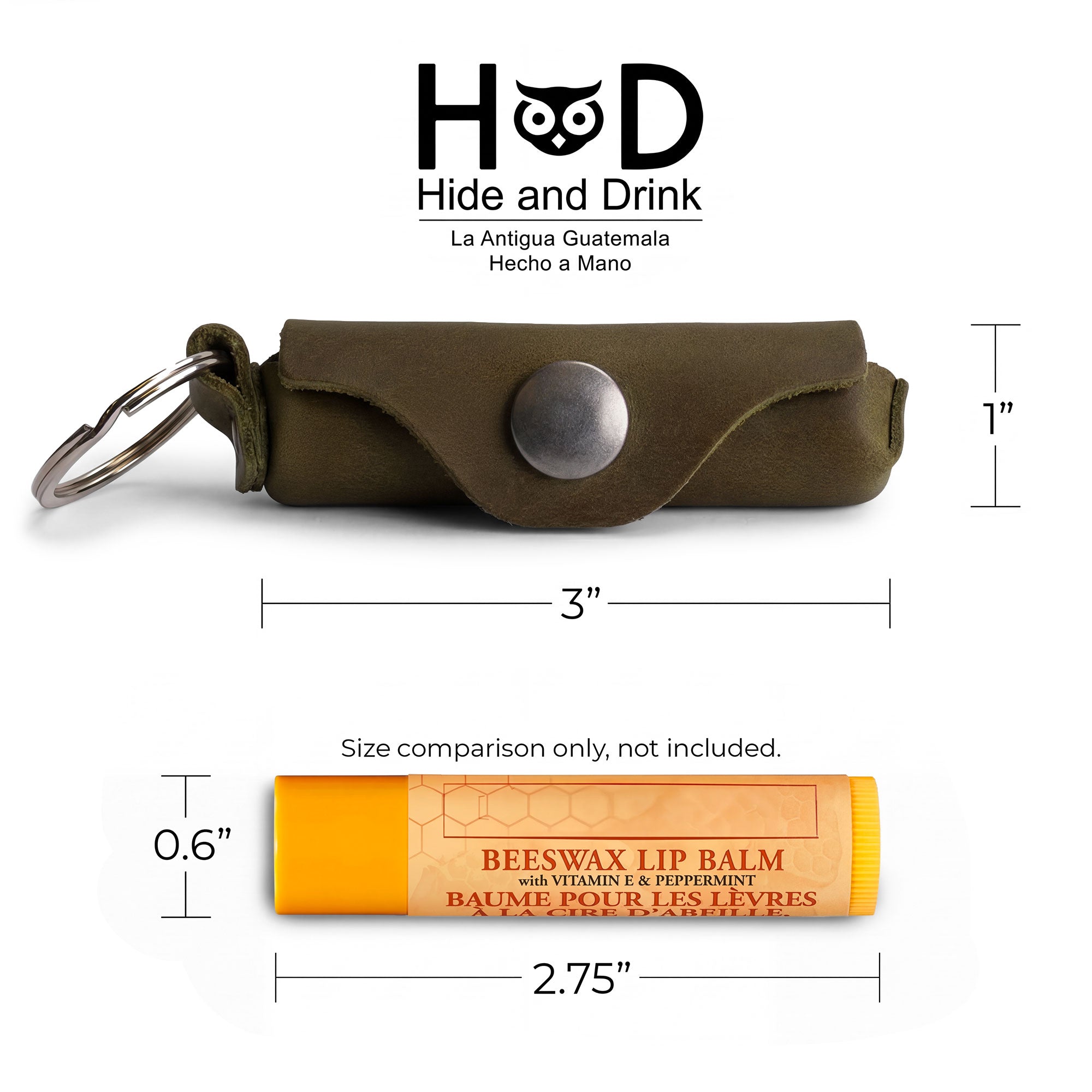 Size comparison image featuring the Hide & Drink Lip Balm Key Chain next to a standard lip balm tube. This classic vintage keychain holder is designed for efficient lip protection and features a brass metal clasp for security. Hand cut and hand sewn from full grain leather, it embodies artisan quality, ensuring durability and style, proudly made in La Antigua Guatemala & Oaxaca Mexico.