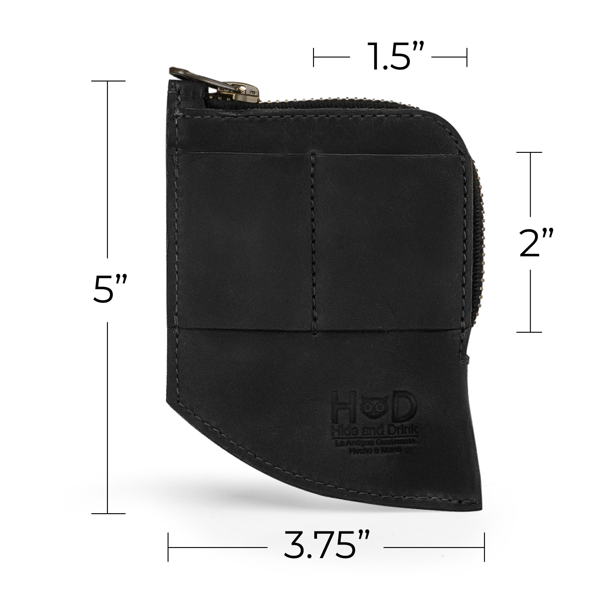 Hide & Drink EDC Pocket Wallet dimensions depicted alongside everyday items, emphasizing its slim profile as a front card holder. Crafted with full grain leather for lasting quality.