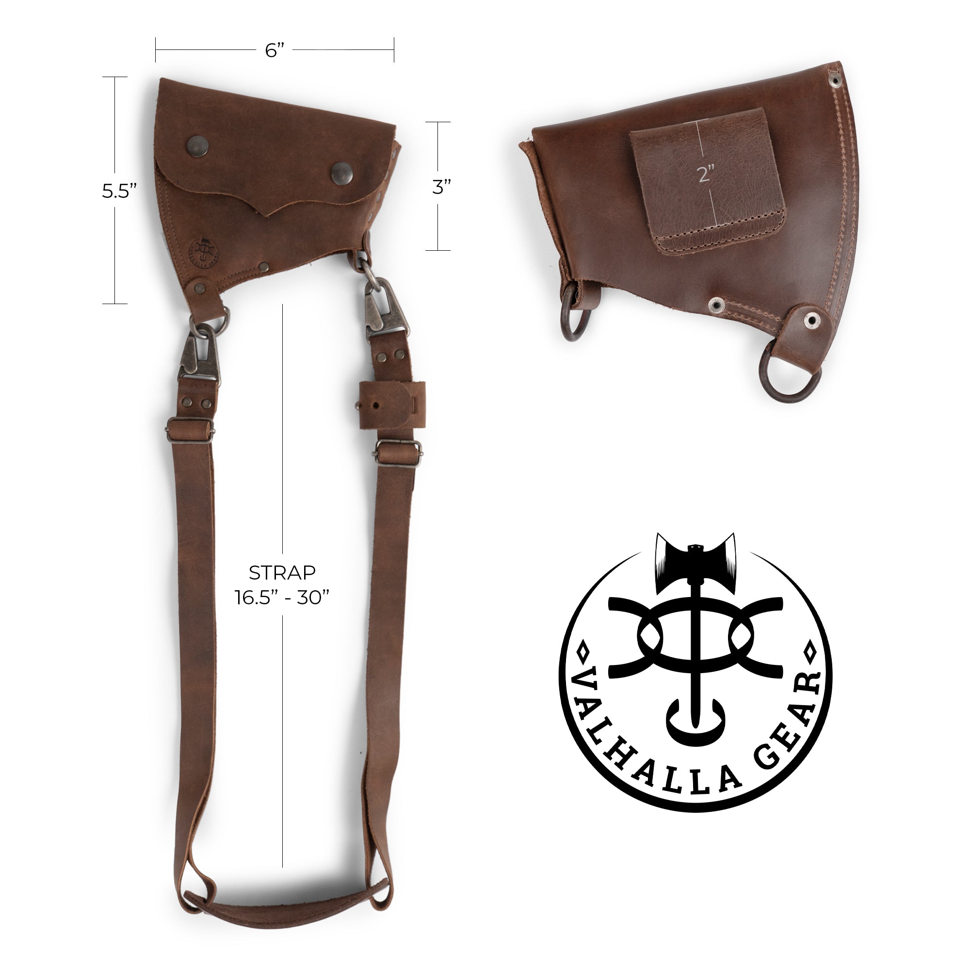 Detailed view of the Axe Head Sheath with Shoulder Strap by Valhalla Gear, showcasing the included product cards. Demonstrating the full grain leather craftsmanship and fire branded logo, this sheath serves as an excellent tool accessory for home improvement, rooted in small batch production techniques.