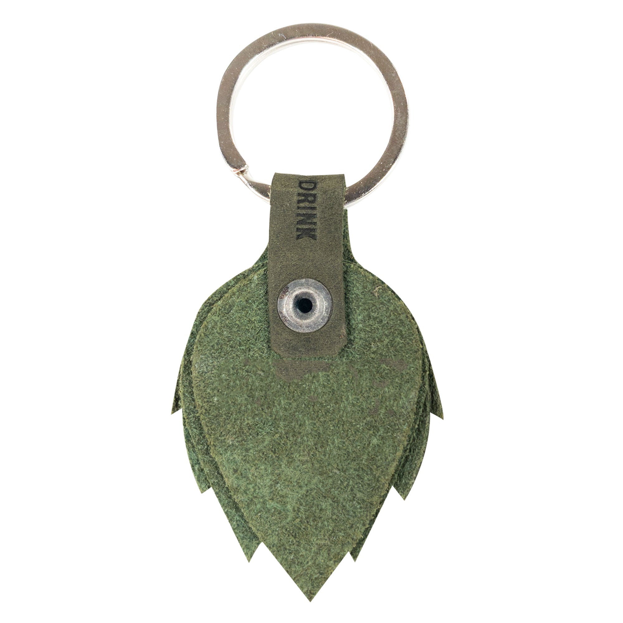 The Hop Flower Keychain by Hide & Drink displayed prominently, with its unique textured design reminiscent of hops, perfect for beer lovers. This keychain is crafted from durable Full Grain Leather, a result of StockyardX's artisan small batch production, presenting meticulous hand cut and hand sewn elements along with fire branding from La Antigua Guatemala & Oaxaca Mexico.
