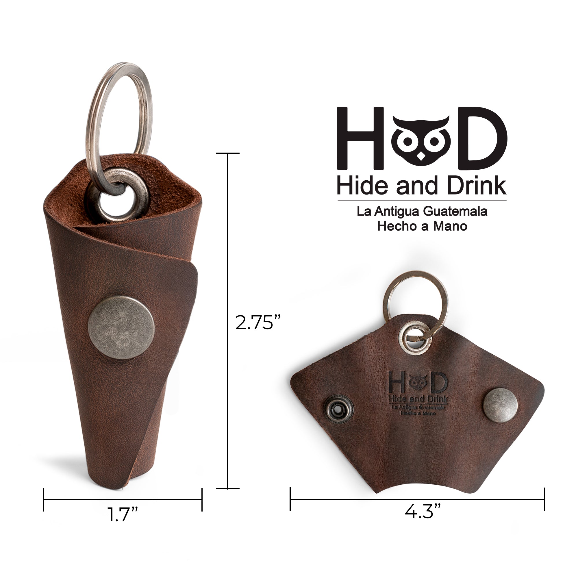 Dimensions of the Wrap Keychain by Hide & Drink, highlighting the organizer snap closure and key ring features. This full grain leather key holder serves as a silencer sleeve for men and showcases artisan craftsmanship with its hand cut and hand sewn design. Proudly made in La Antigua Guatemala, representing small batch production excellence.