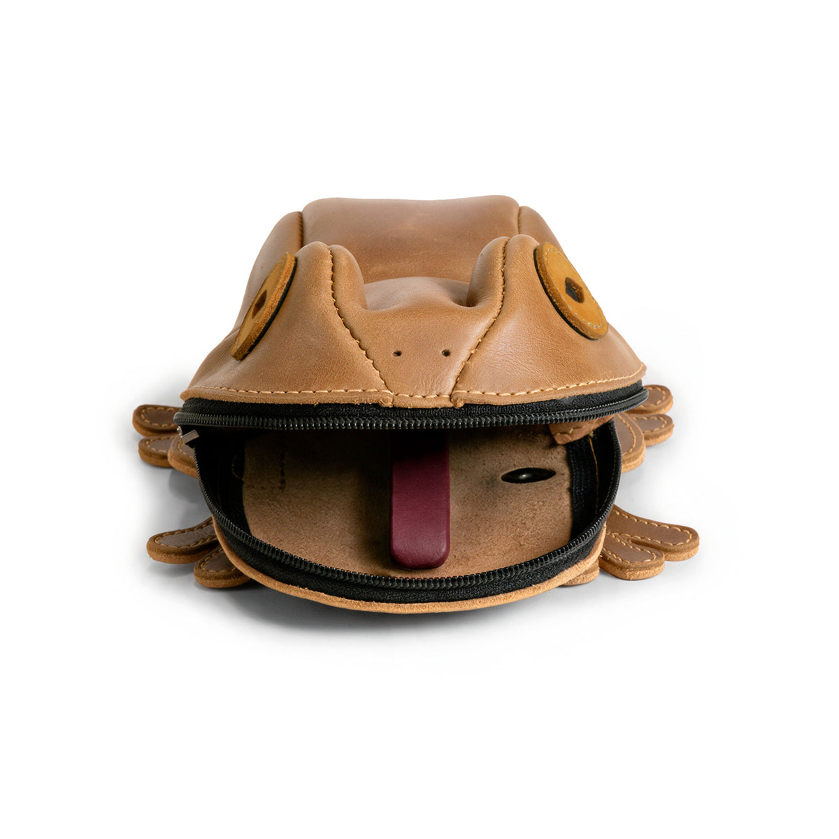 Front view of the open Tudi Frudi Frog Pouch with a zipper compartment and playful frog tongue detail, serving as a Frog-Shaped Pouch, Cable Organizer, Small Accessory Case, Zippered Cash Holder Wallet for Coins, and Change Purse for Pouches for Men and Women; Full Grain Leather craftsmanship by StockyardX with Small Batch Production, Hand Cut, Hand Sewn, Fire Branded, Artisan, Handmade in La Antigua Guatemala & Oaxaca Mexico.