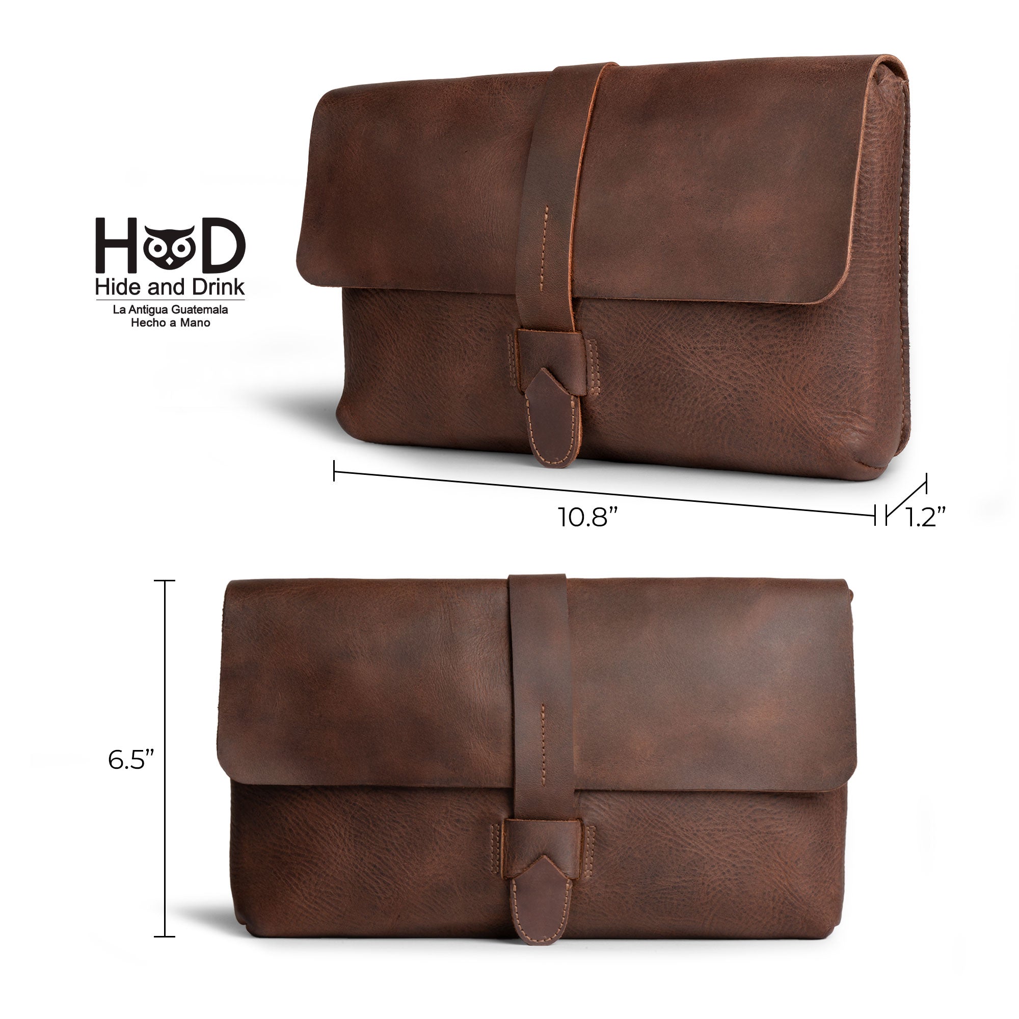 Hide & Drink Snapless Clutch Bag displayed with dimensions, crafted from durable full grain leather. This stylish yet functional accessory organizer is hand sewn and fire branded, reflecting the small batch production from artisans in La Antigua Guatemala, making it perfect for everyday use.