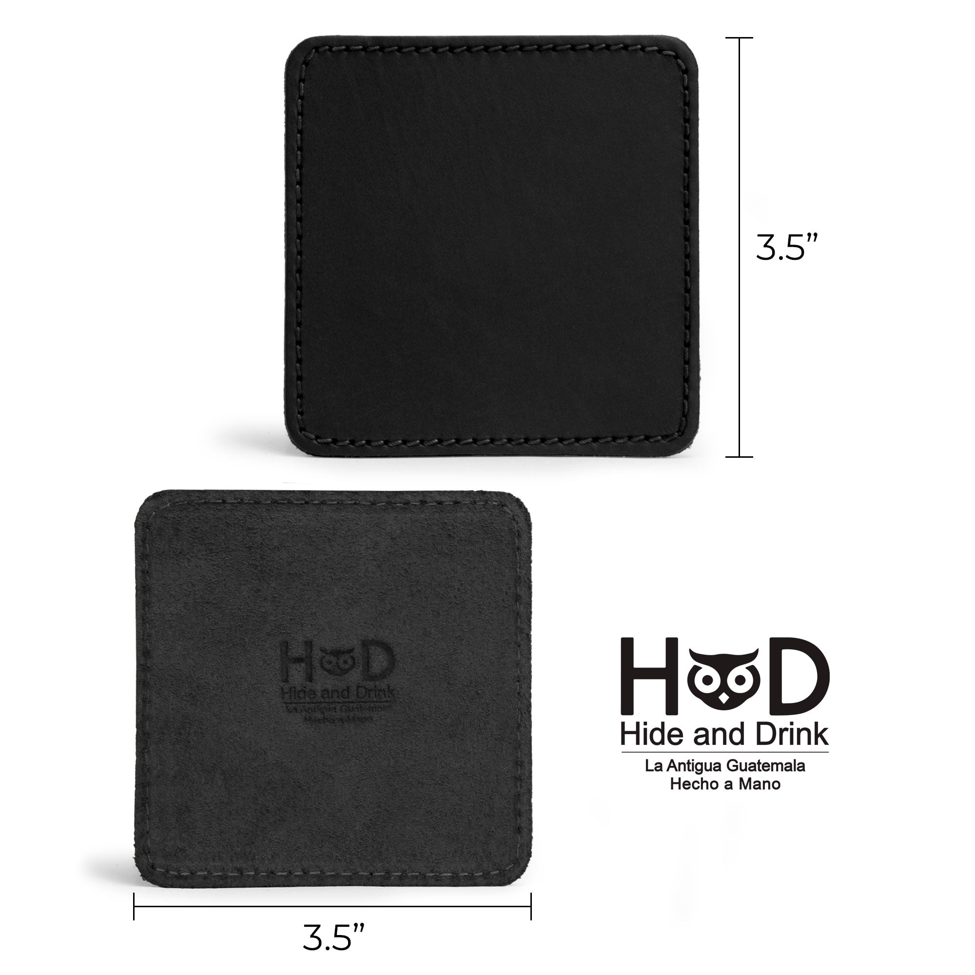 Vintage Squared Coaster (8 pack) by Hide & Drink featuring black coasters with product branding. This coasters set of 8 is perfect for table protection for drinks and adds a touch of elegance to bars and offices. Made of durable full grain leather in small batch production, this handmade product is crafted with care, hand cut and sewn, and fire branded in La Antigua Guatemala & Oaxaca Mexico.