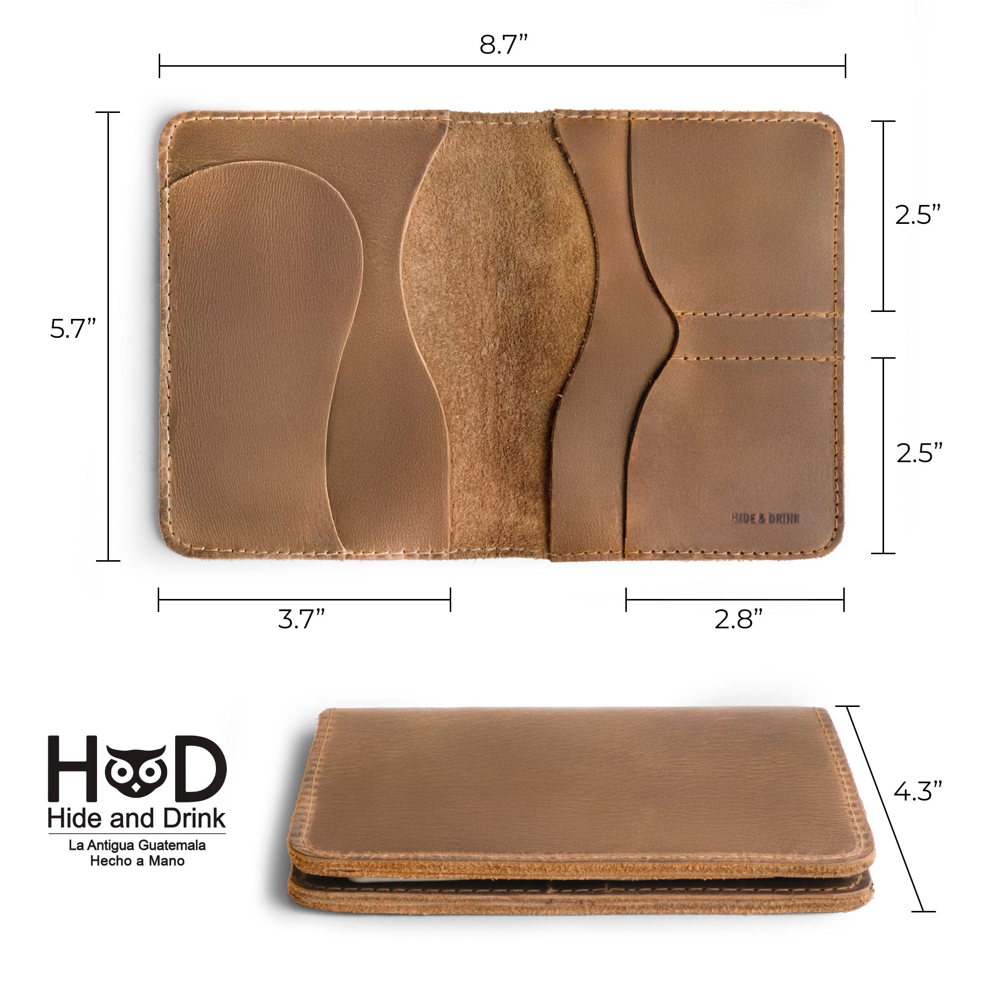 Complementary view of the tan Hide & Drink Double Passport Wallet W/Key Slot, showcasing the wallet's rustic appeal and practical slots, handmade by artisans from La Antigua Guatemala & Oaxaca Mexico.