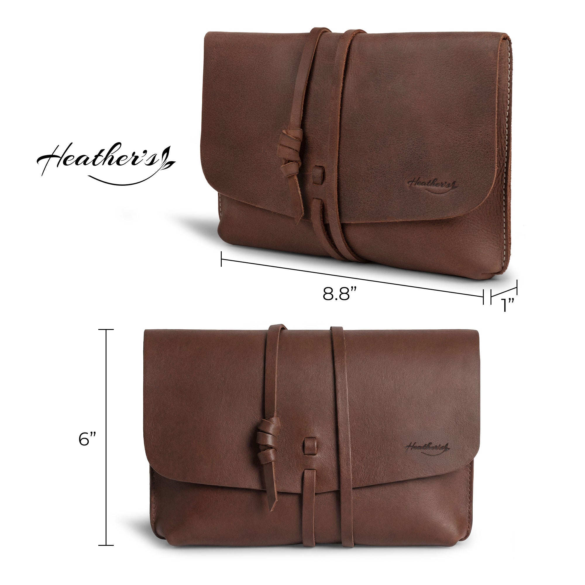 Measurements of Heather's Minimalist Clutch Bag displayed, emphasizing its compact size of 9 inches long and 5.5 inches high. This handmade full grain leather clutch is perfect for cards, money, and coins while also suitable for makeup. Artisan crafted in La Antigua Guatemala & Oaxaca Mexico.