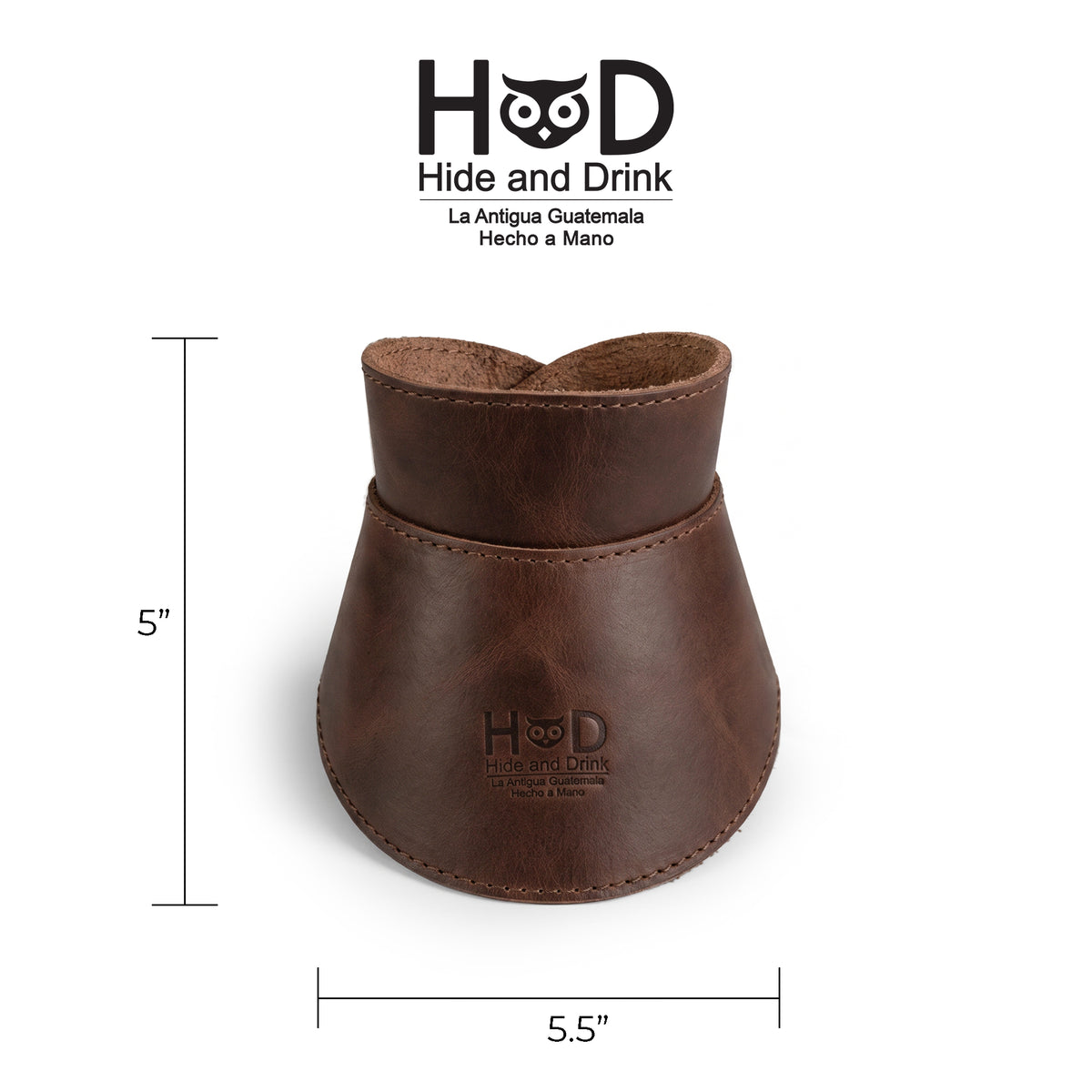 Measure of Hide & Drink Chemex Collar with dimensions highlighted, showcasing its Full Grain Leather design for compatibility with Chemex 6-Cup Glass. Artisan-made in La Antigua Guatemala & Oaxaca Mexico through stockyardX small batch production.