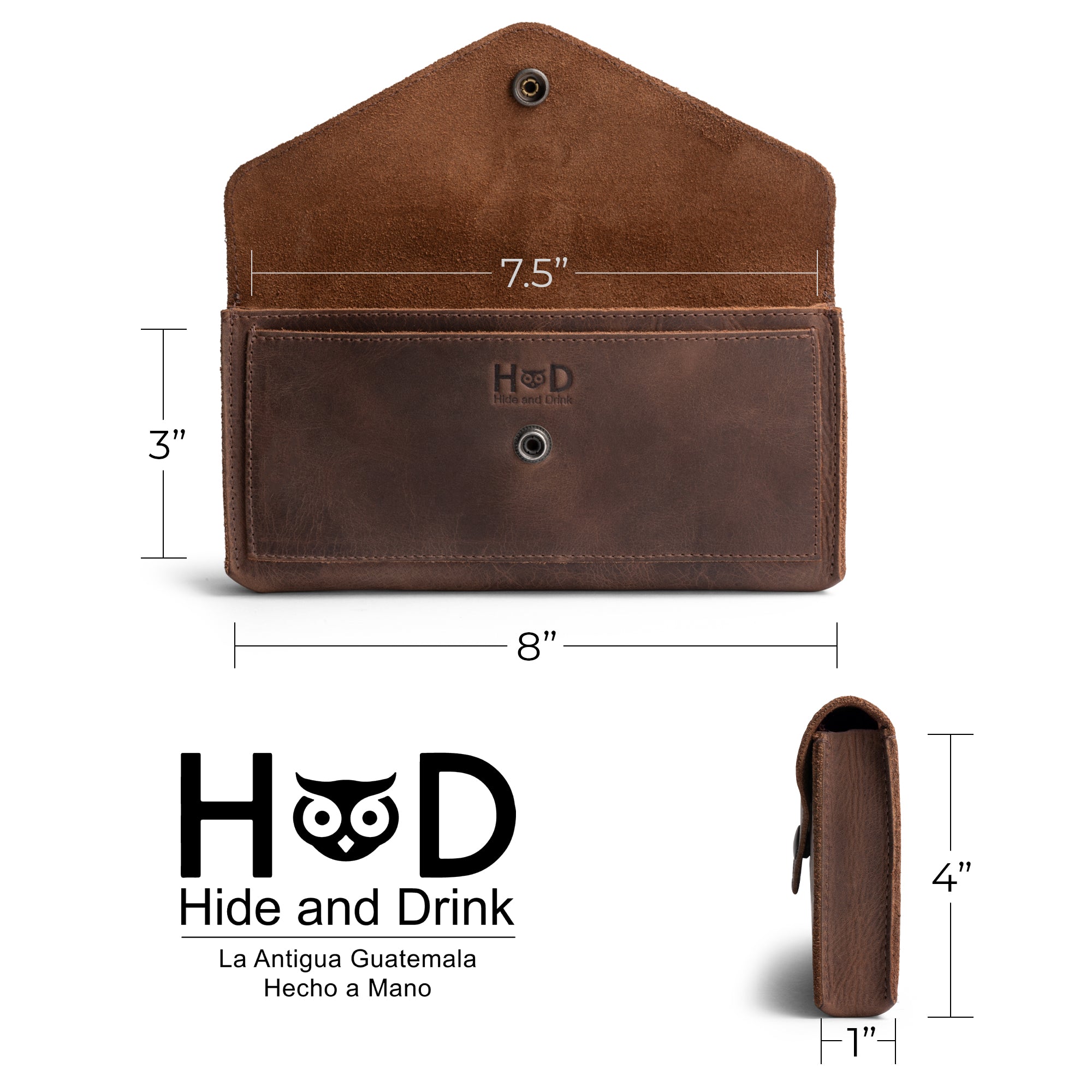 A detailed image of the dimensions comparison of the Large Female Wallet by Hide & Drink, illustrating its practicality as a Travel Organizer for Women. This Vintage Money and Card Holder is made from Full Grain Leather, embodying Small Batch Production and Hand Cut, Hand Sewn artisan craftsmanship, and is handmade in La Antigua Guatemala & Oaxaca Mexico.